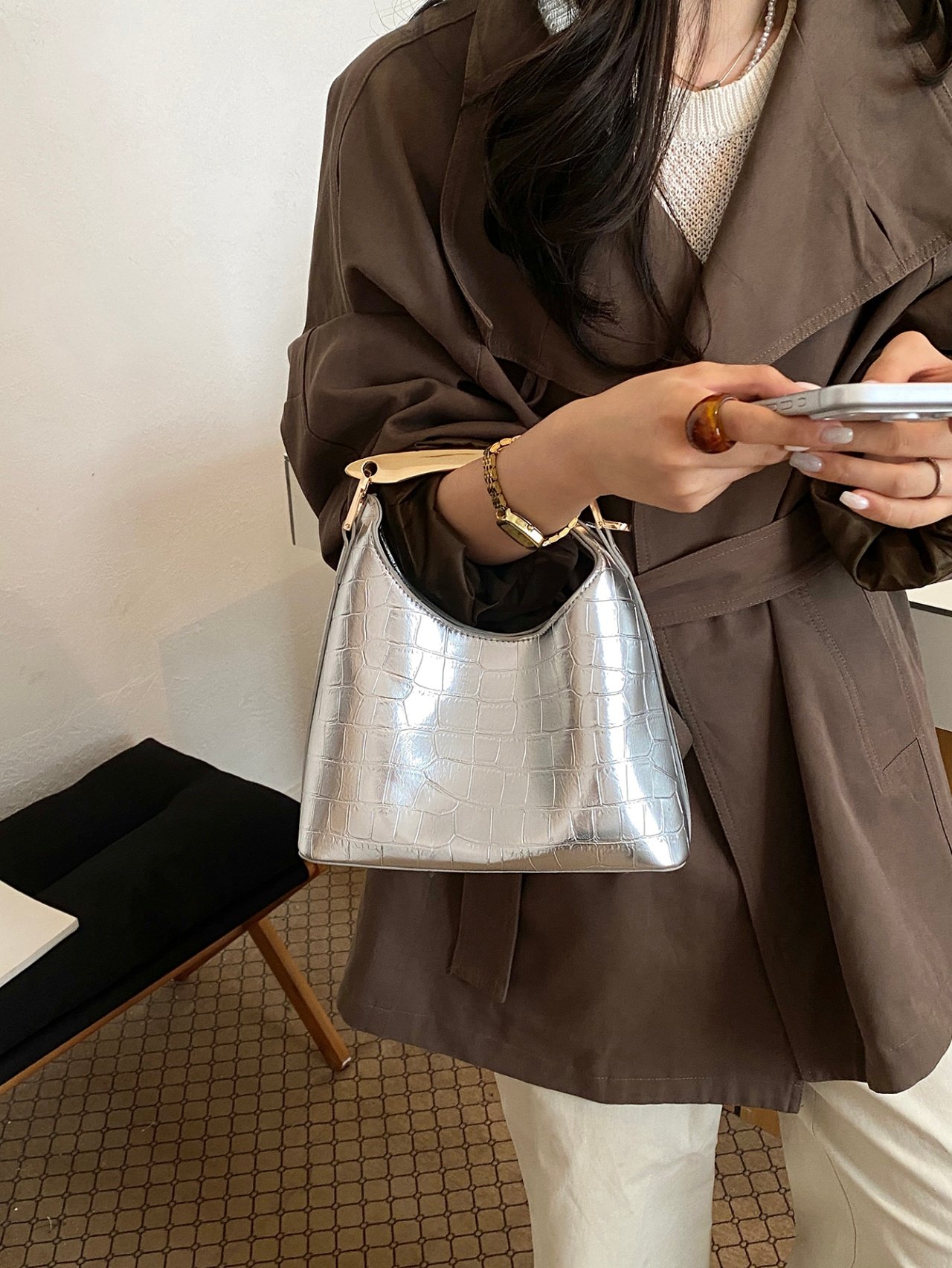 Silver Croc-Embossed Handbag
