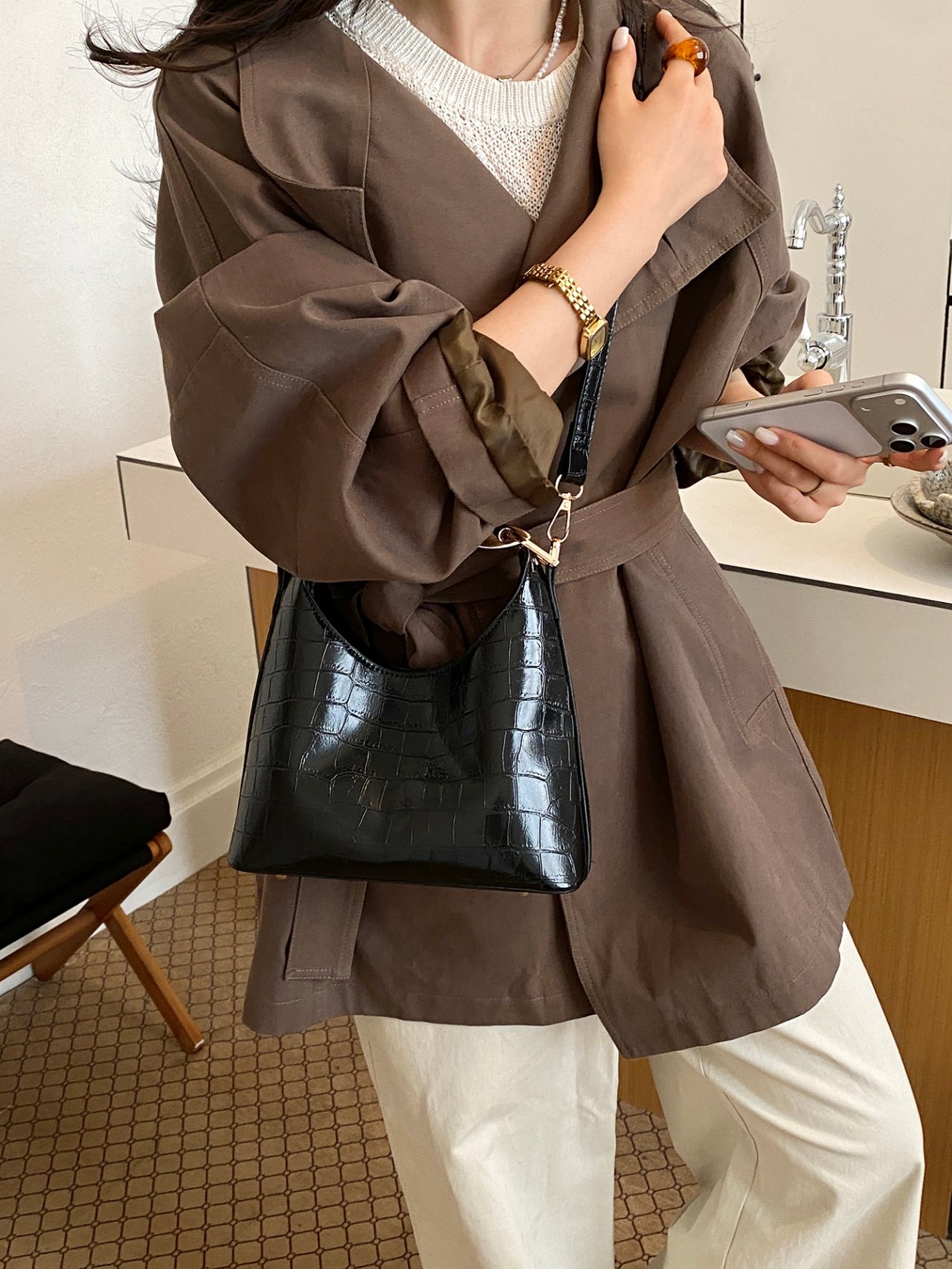Black Croc Crossbody Bag