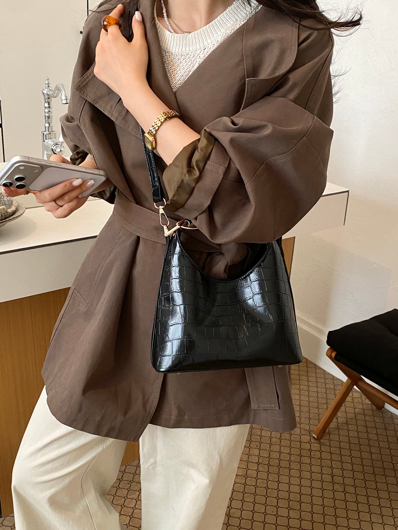 Black Croc Crossbody Bag