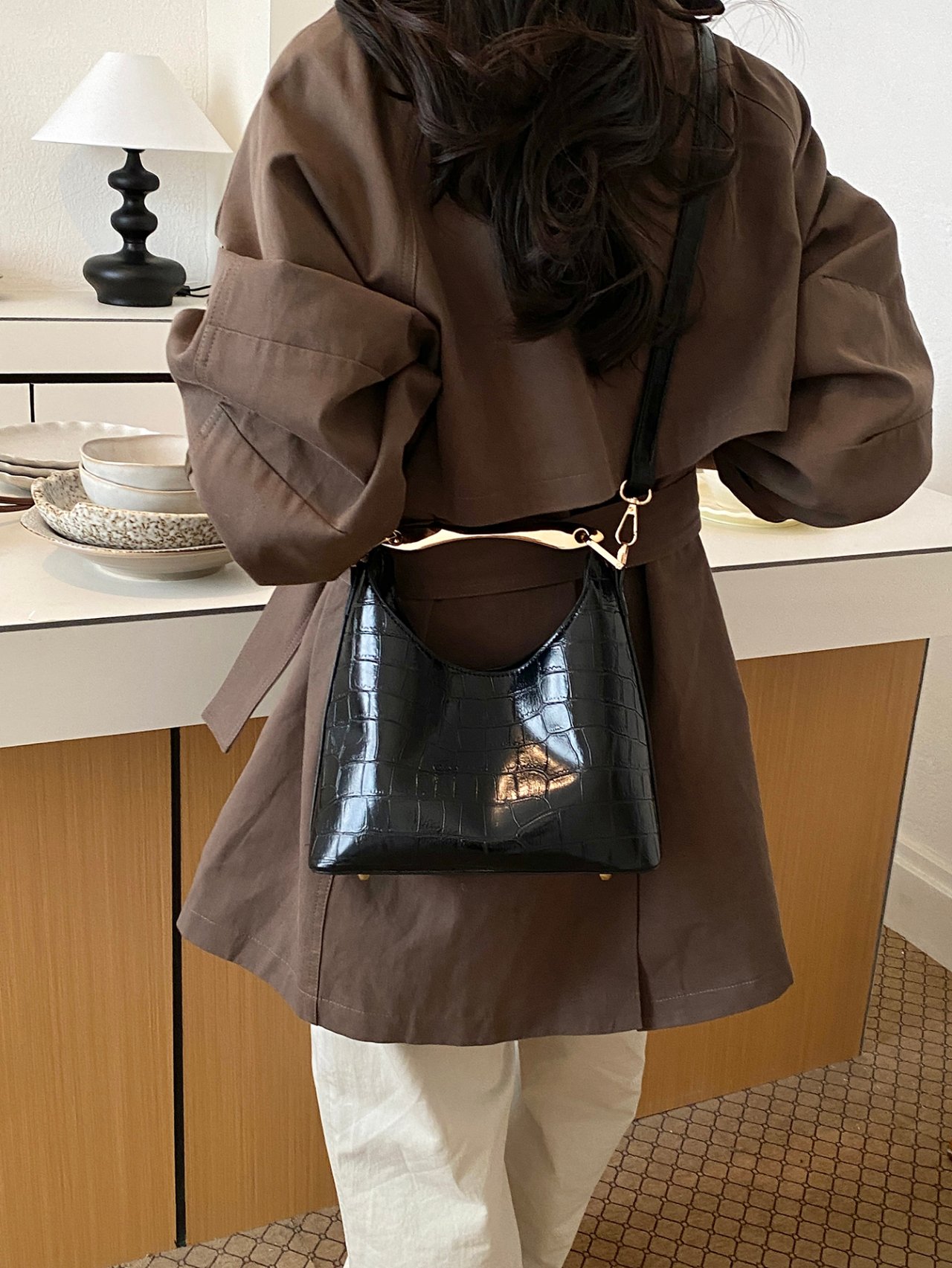 Black Croc Crossbody Bag