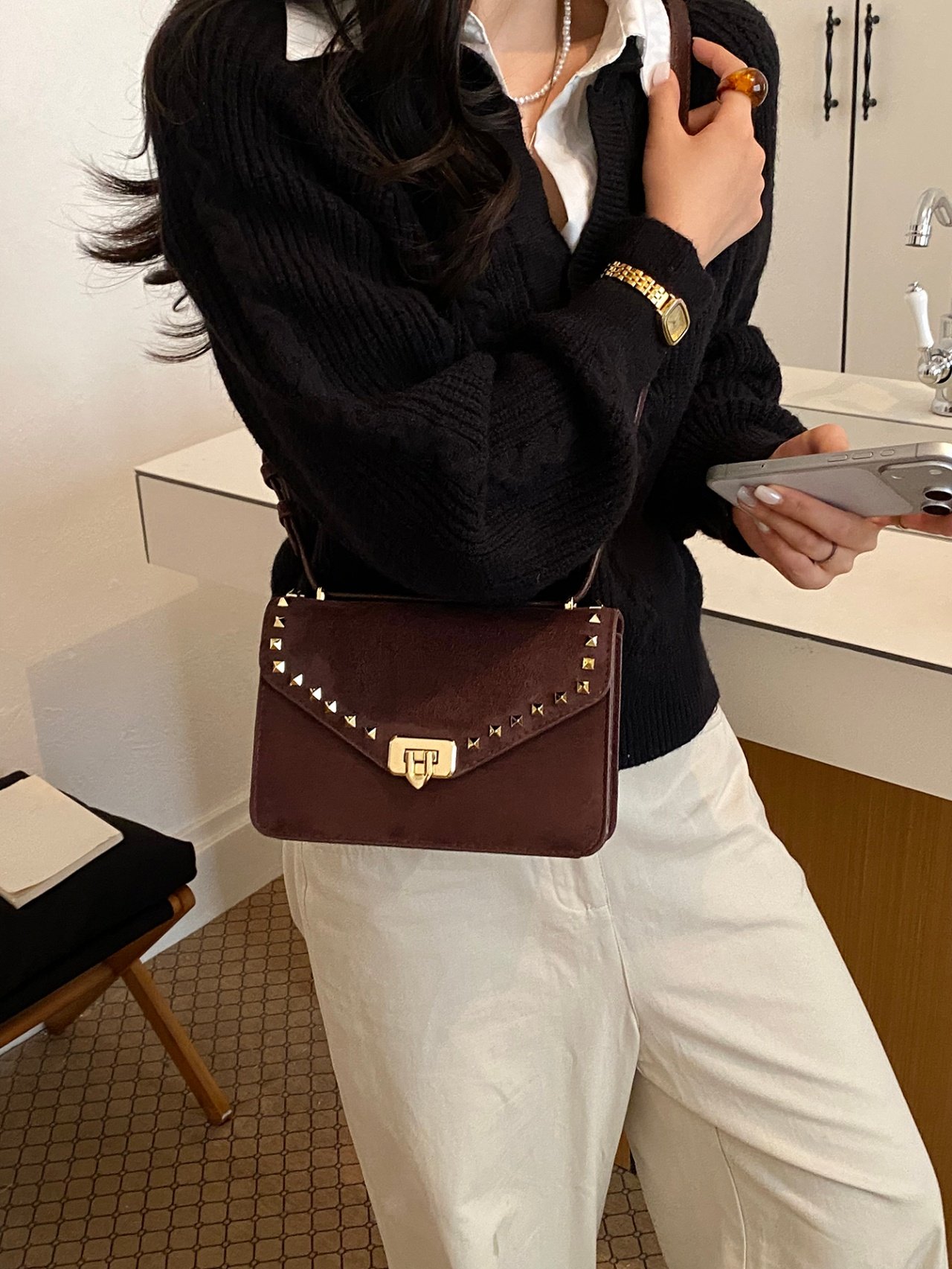 Coffee Brown Studded Crossbody Bag