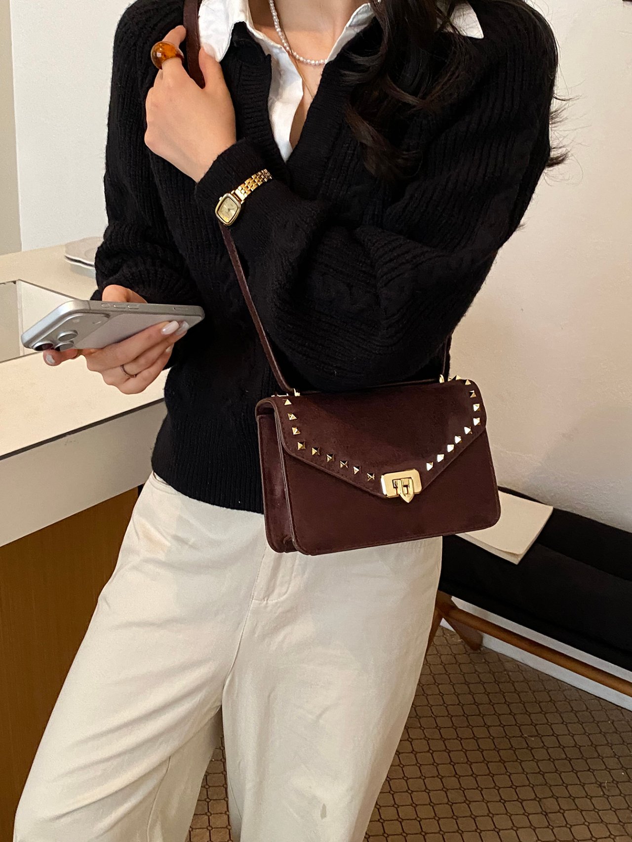 Coffee Brown Studded Crossbody Bag