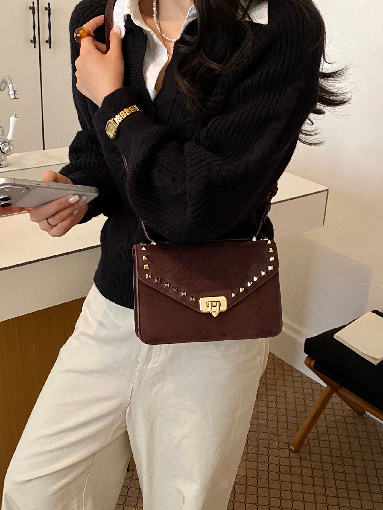 Coffee Brown Studded Crossbody Bag