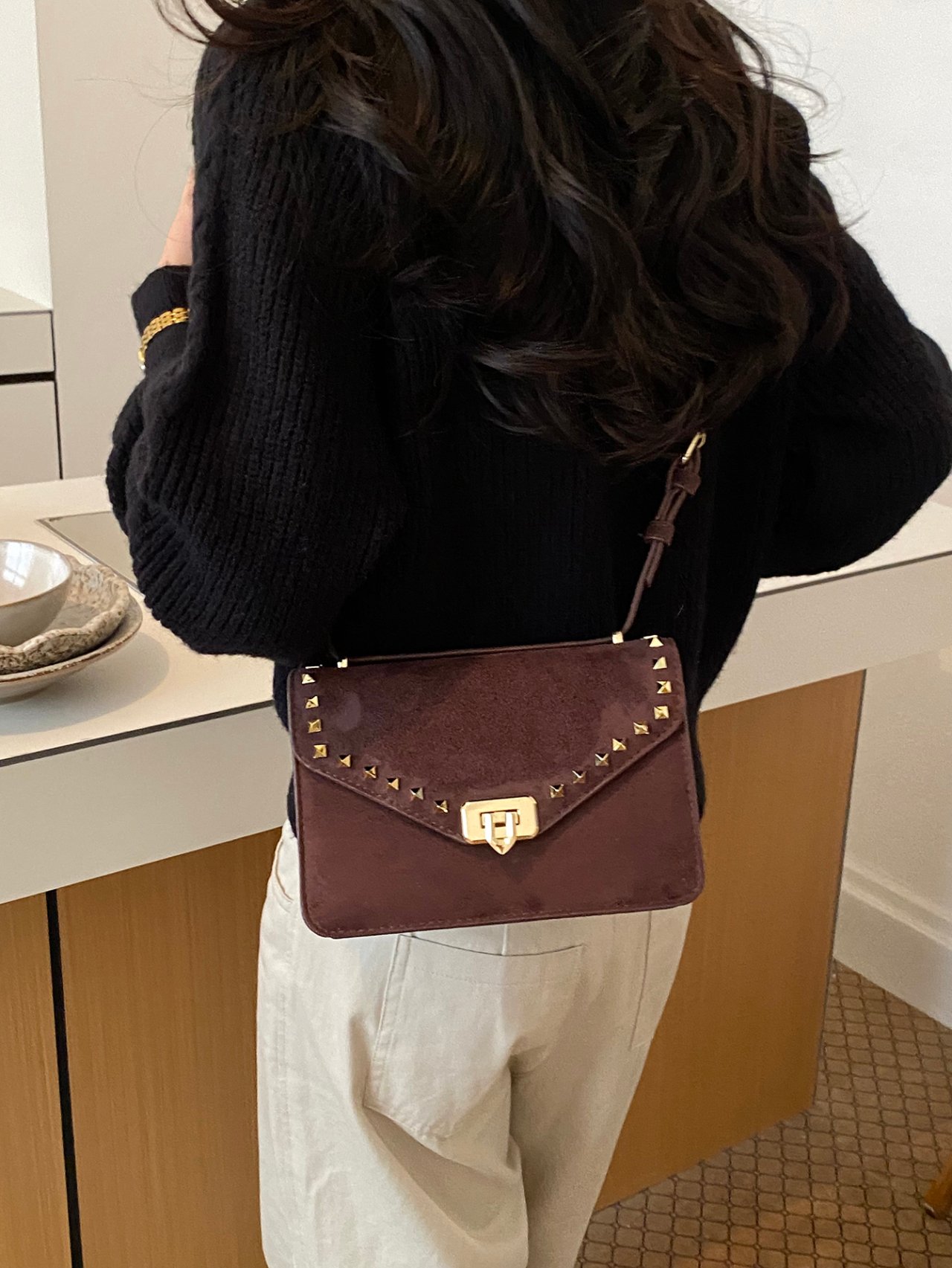 Coffee Brown Studded Crossbody Bag