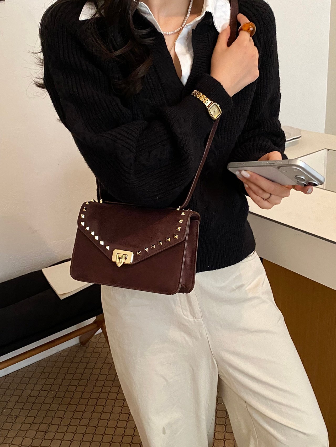 Coffee Brown Studded Crossbody Bag
