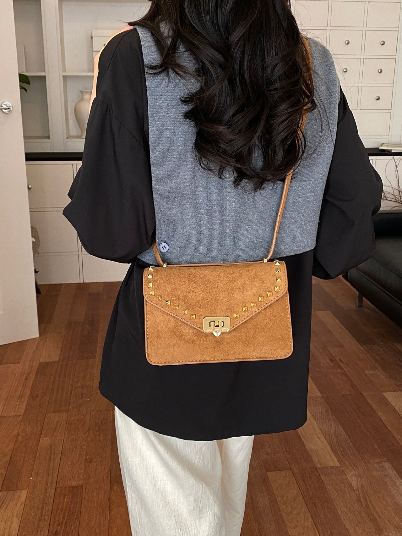 Brown Suede Studded Crossbody Bag