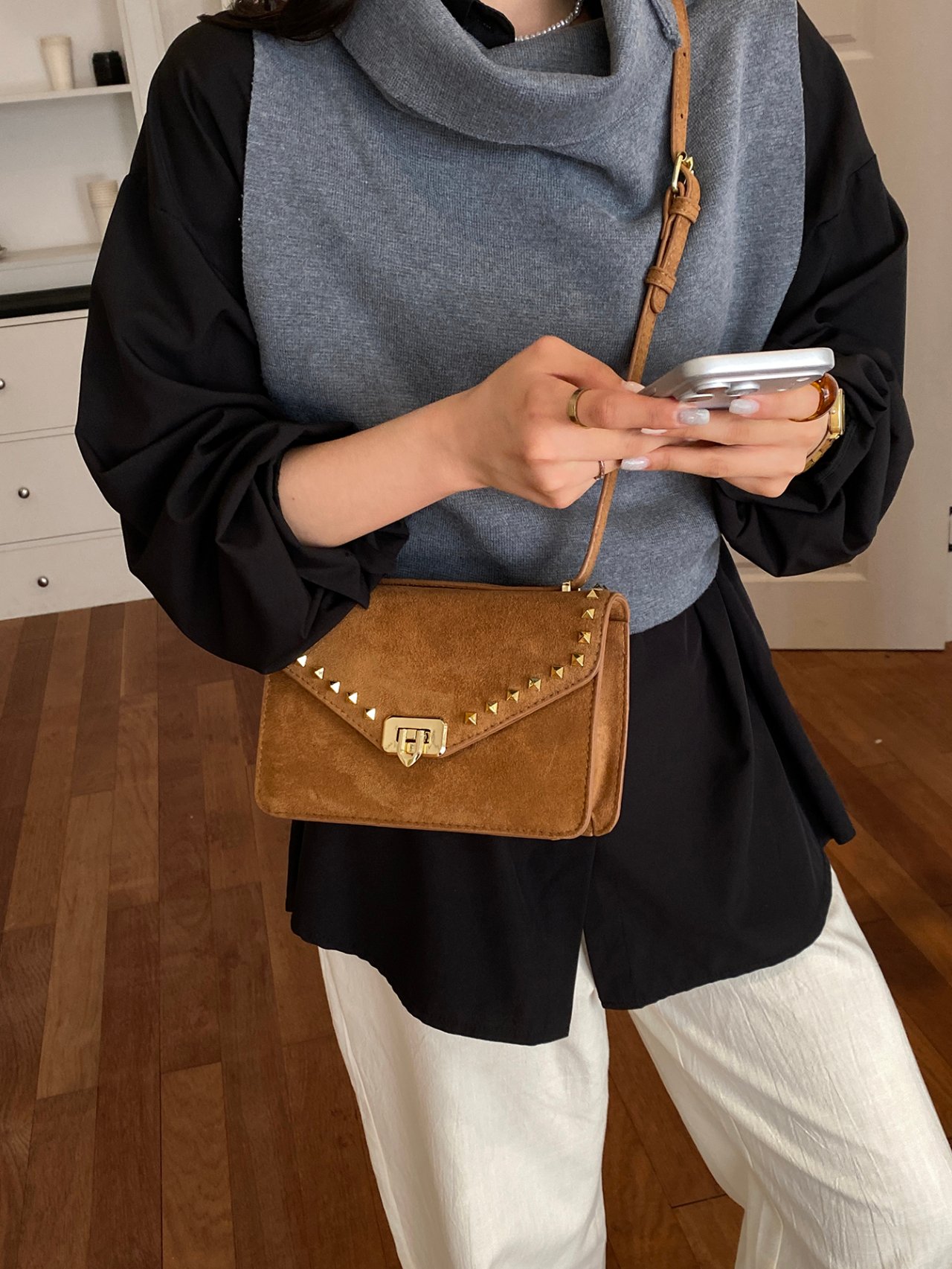 Brown Suede Studded Crossbody Bag