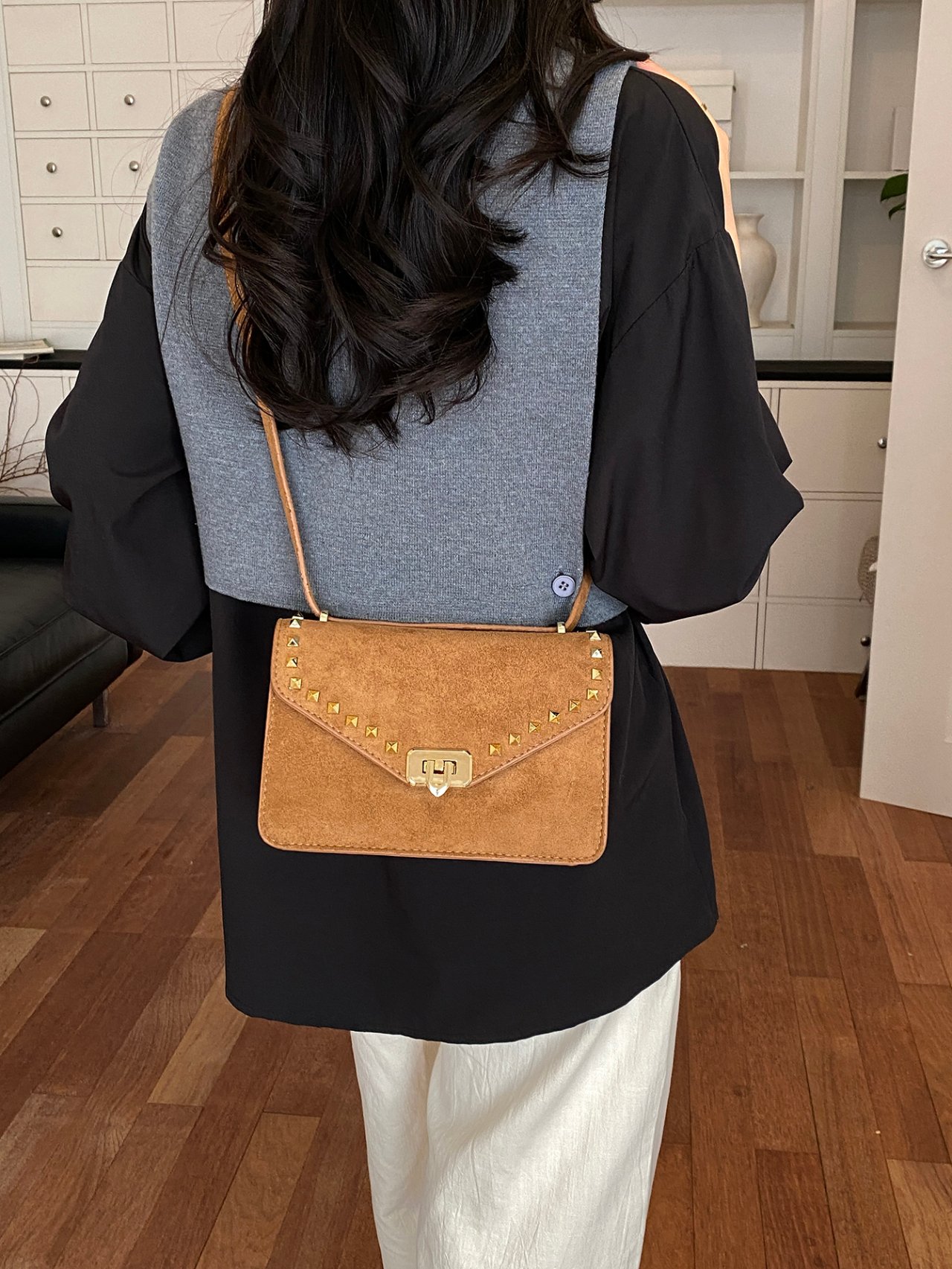 Brown Suede Studded Crossbody Bag
