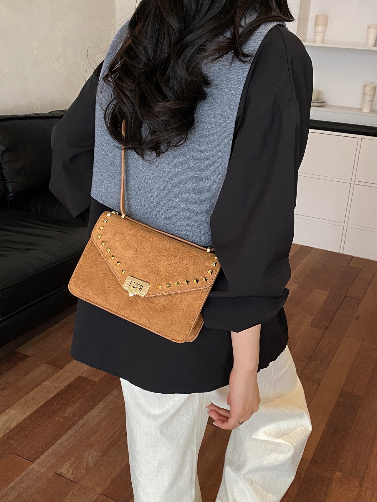 Brown Suede Studded Crossbody Bag