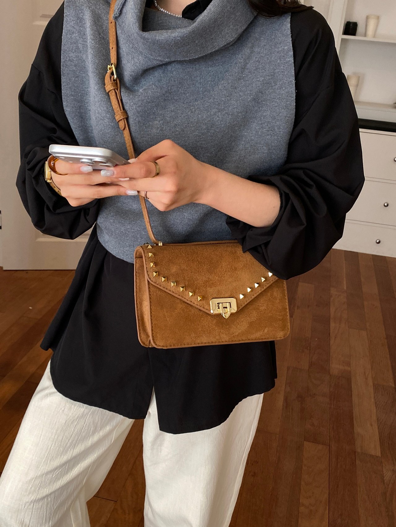 Brown Suede Studded Crossbody Bag