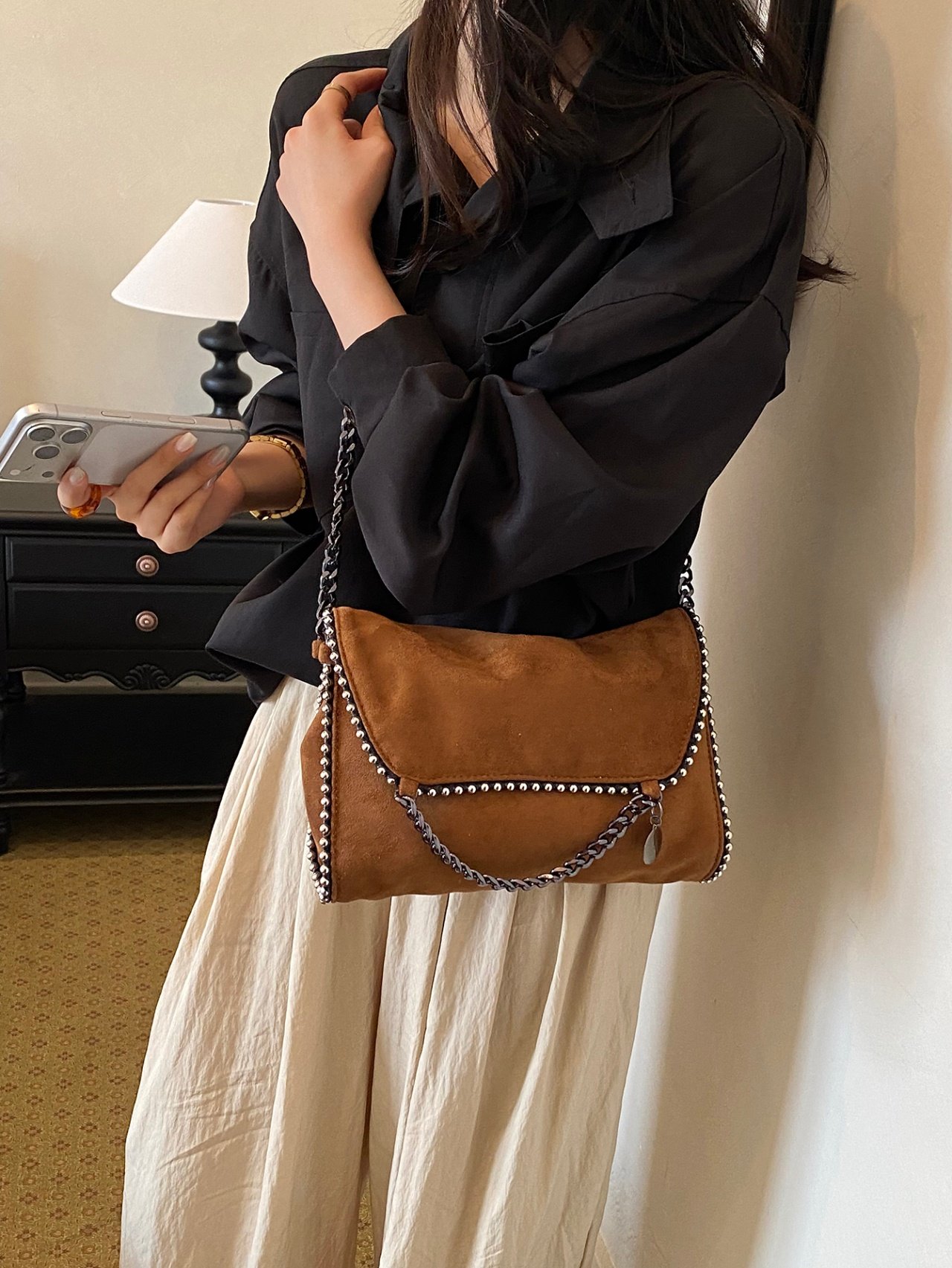 Brown Suede Crossbody with Studded Detail