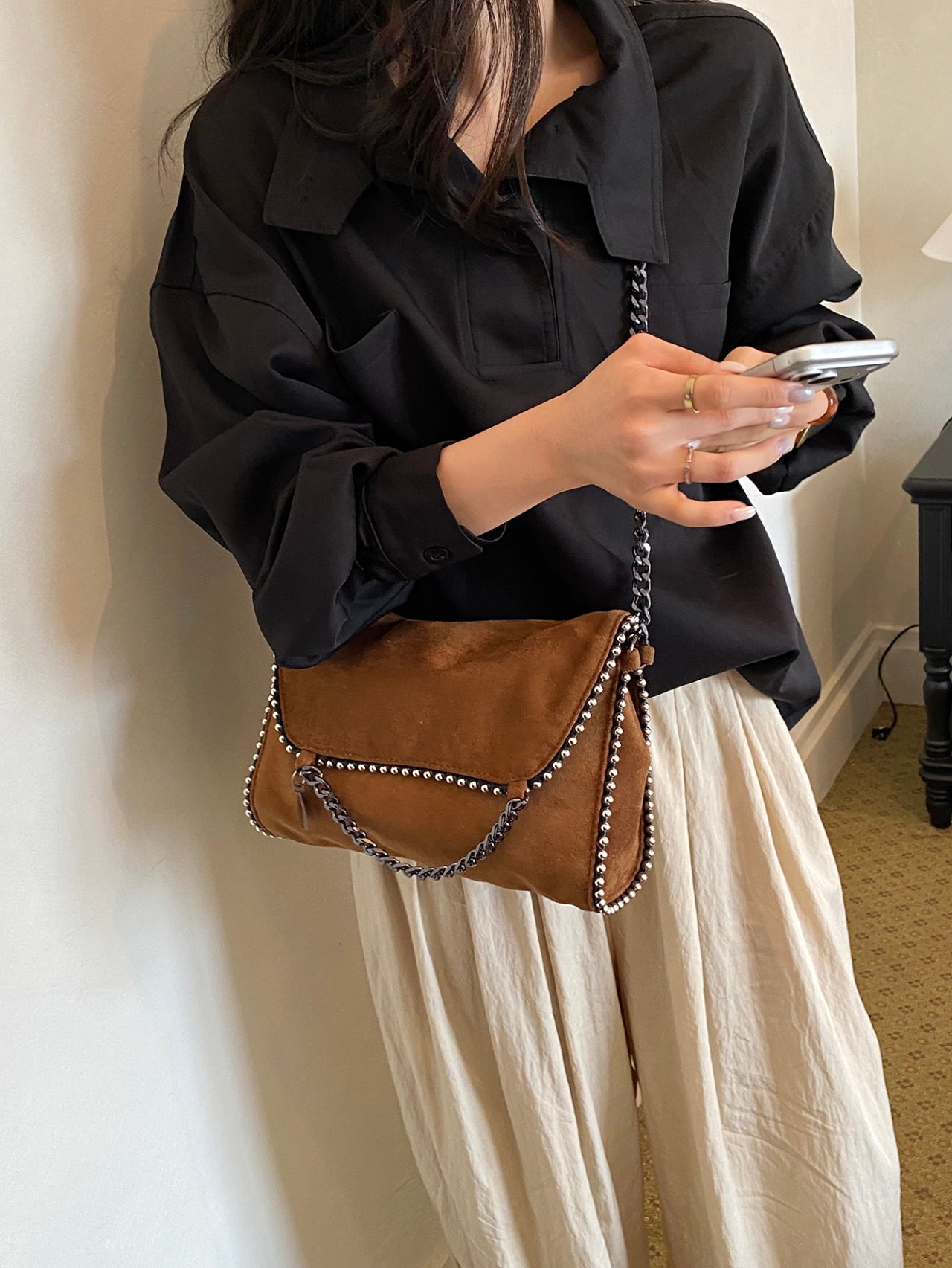 Brown Suede Crossbody with Studded Detail