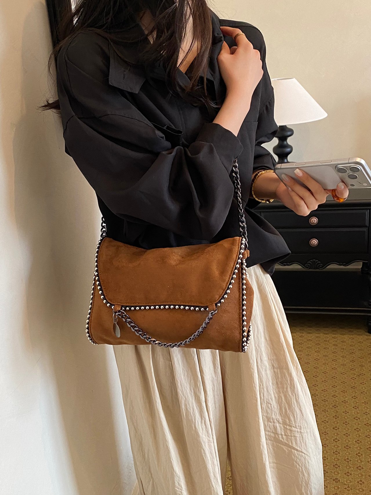 Brown Suede Crossbody with Studded Detail