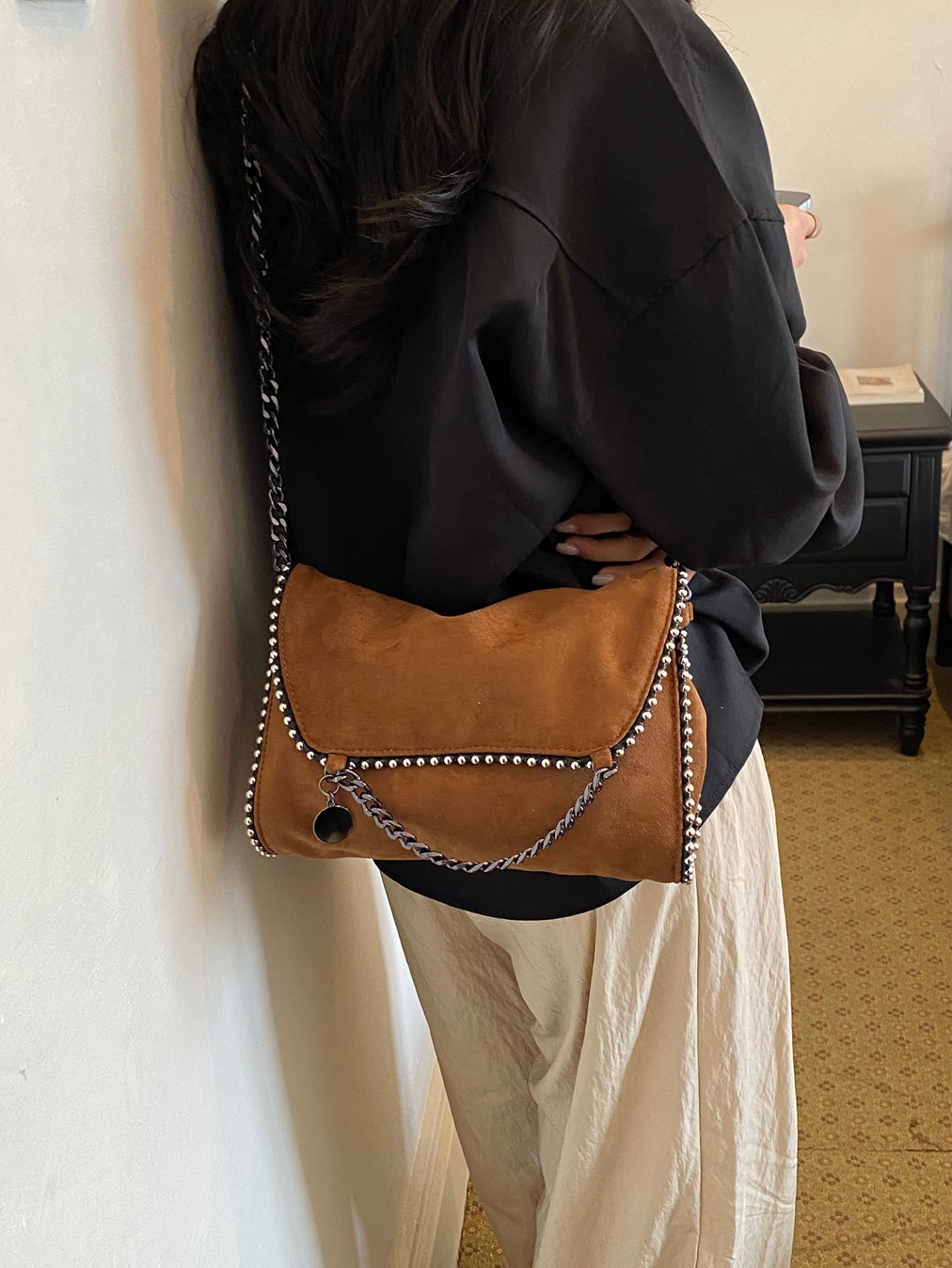 Brown Suede Crossbody with Studded Detail