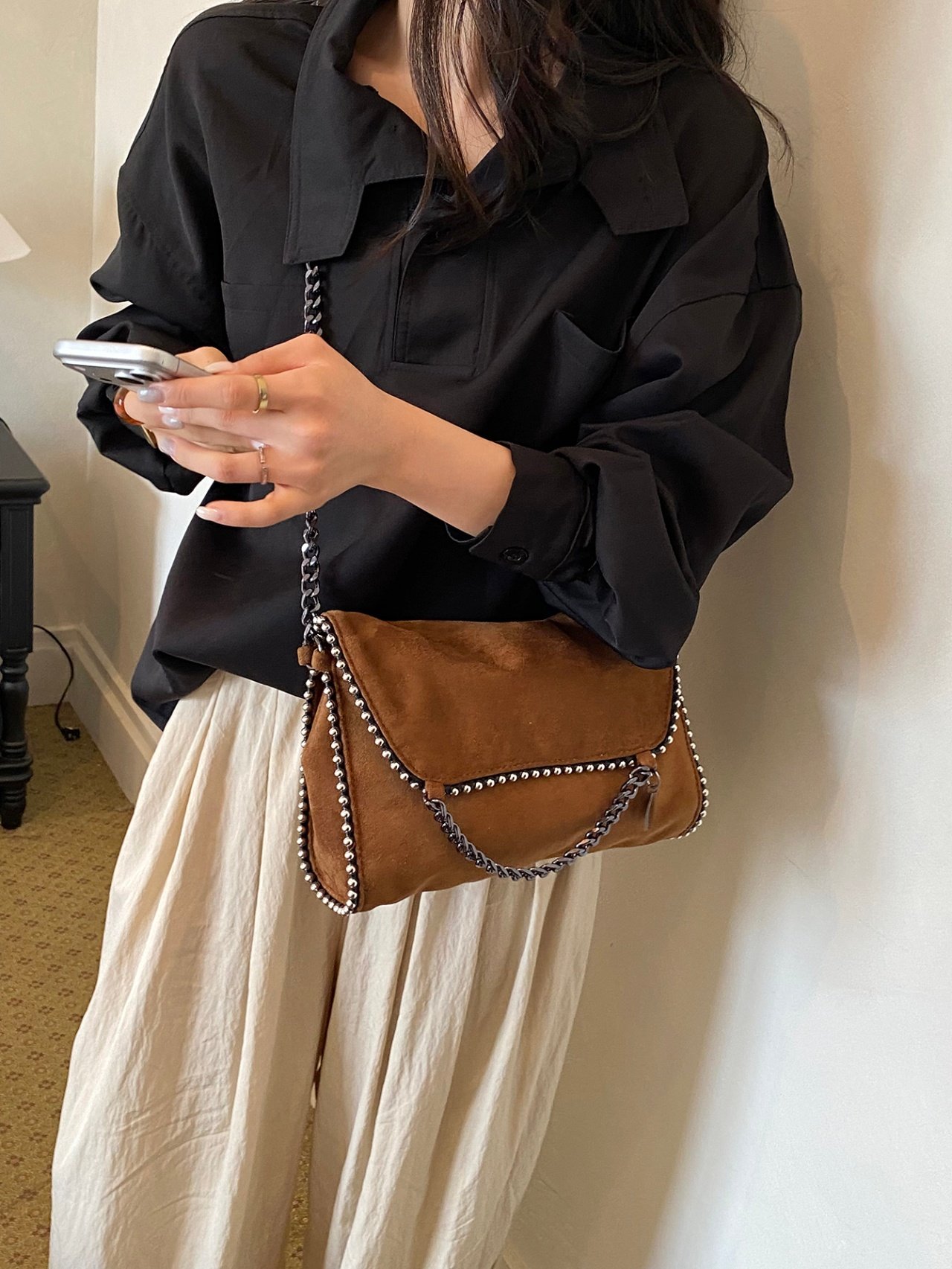 Brown Suede Crossbody with Studded Detail