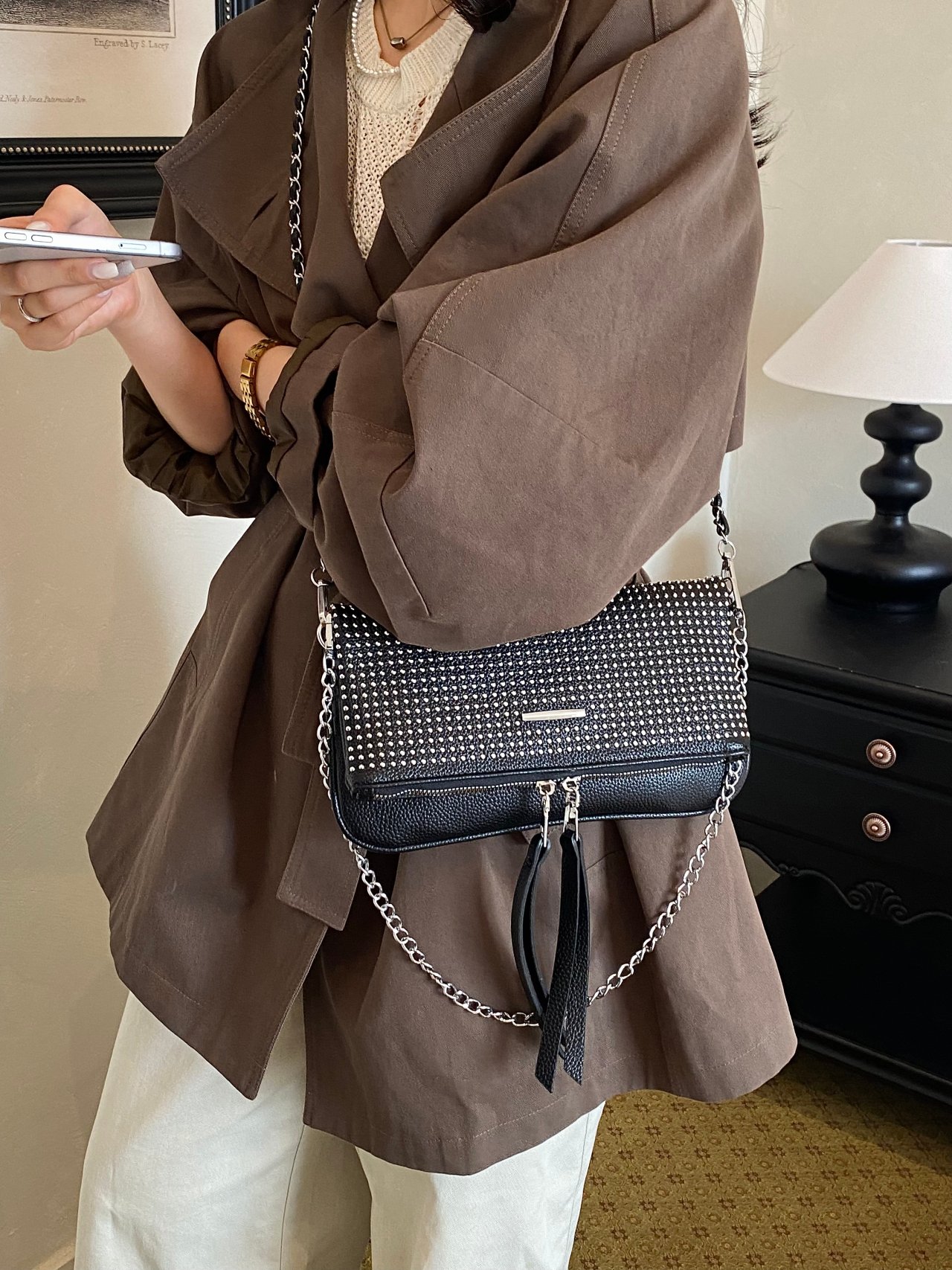 Black Studded Crossbody Bag with Chain Strap