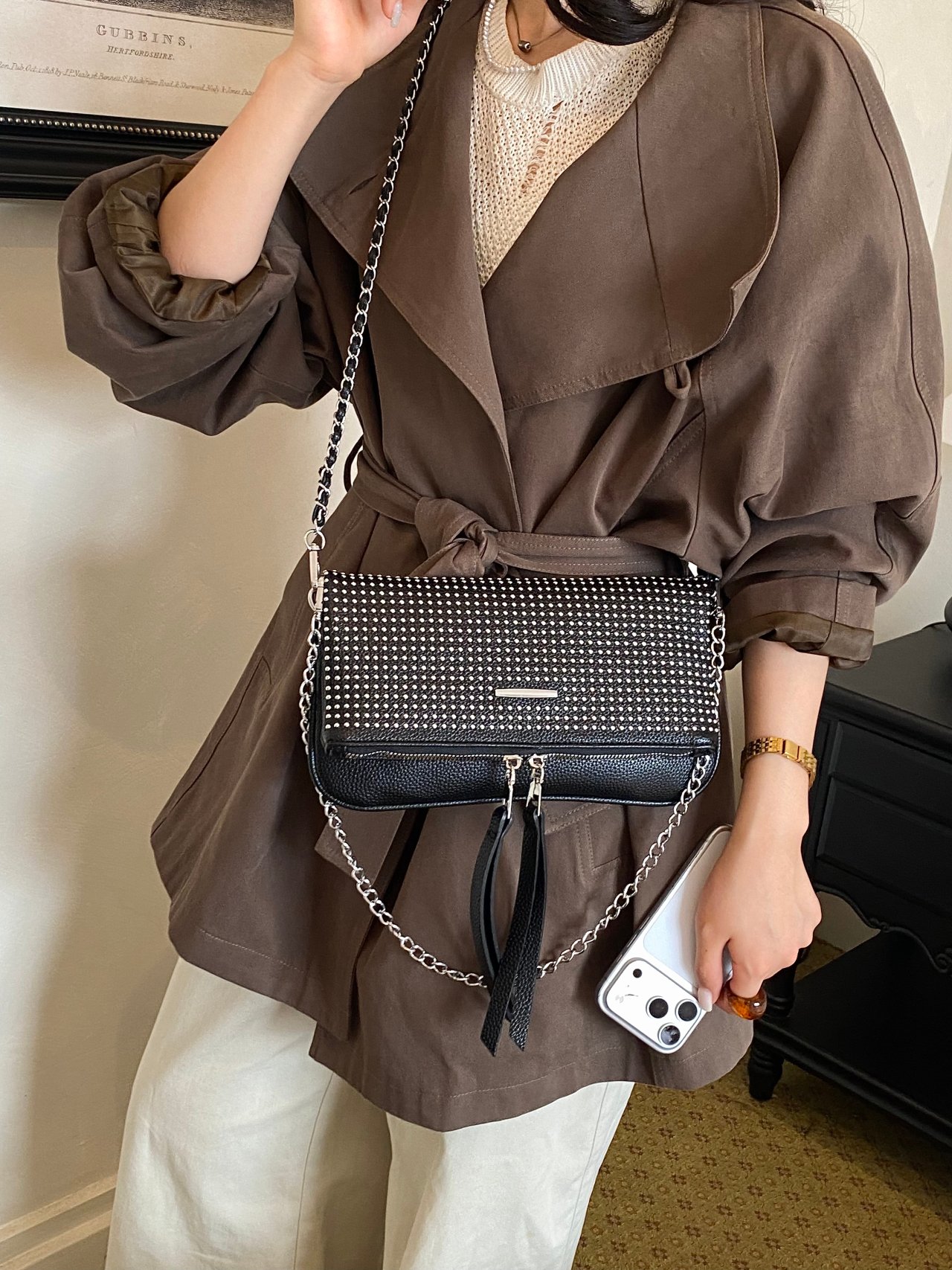 Black Studded Crossbody Bag with Chain Strap