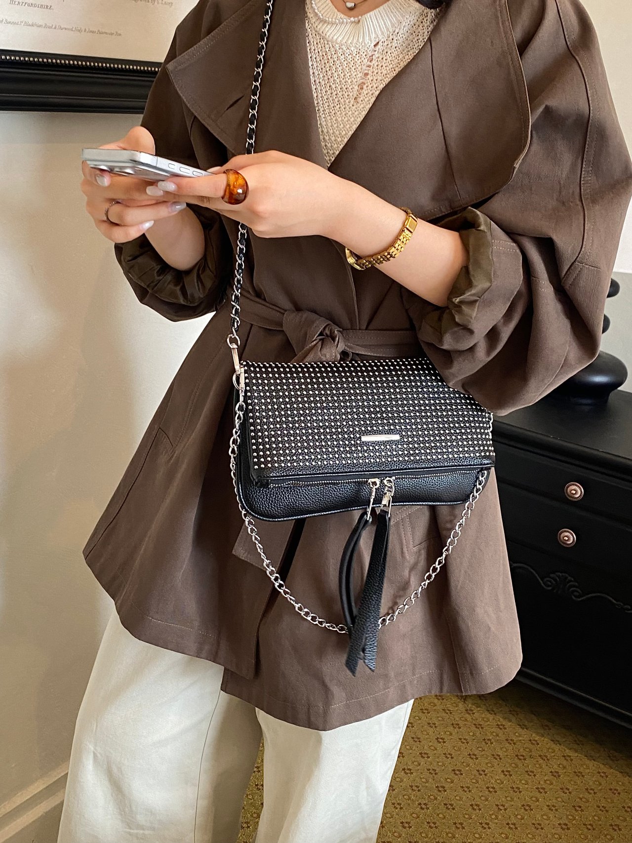 Black Studded Crossbody Bag with Chain Strap