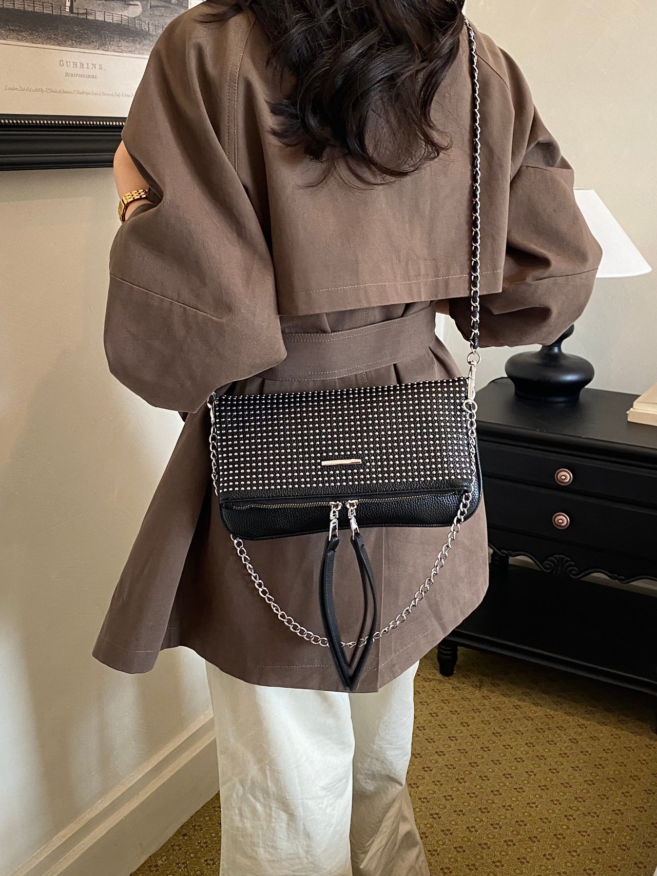 Black Studded Crossbody Bag with Chain Strap