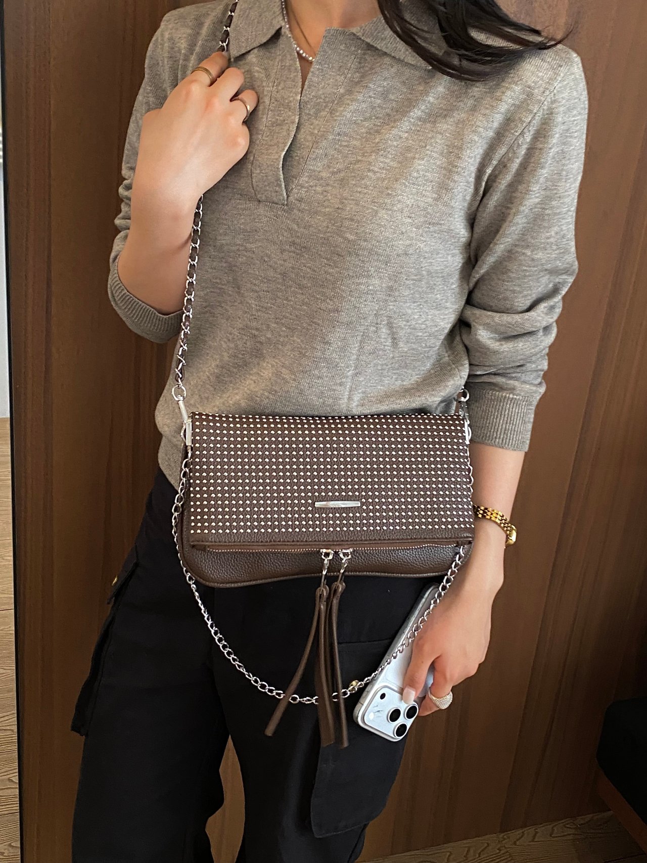 Brown Studded Crossbody Bag