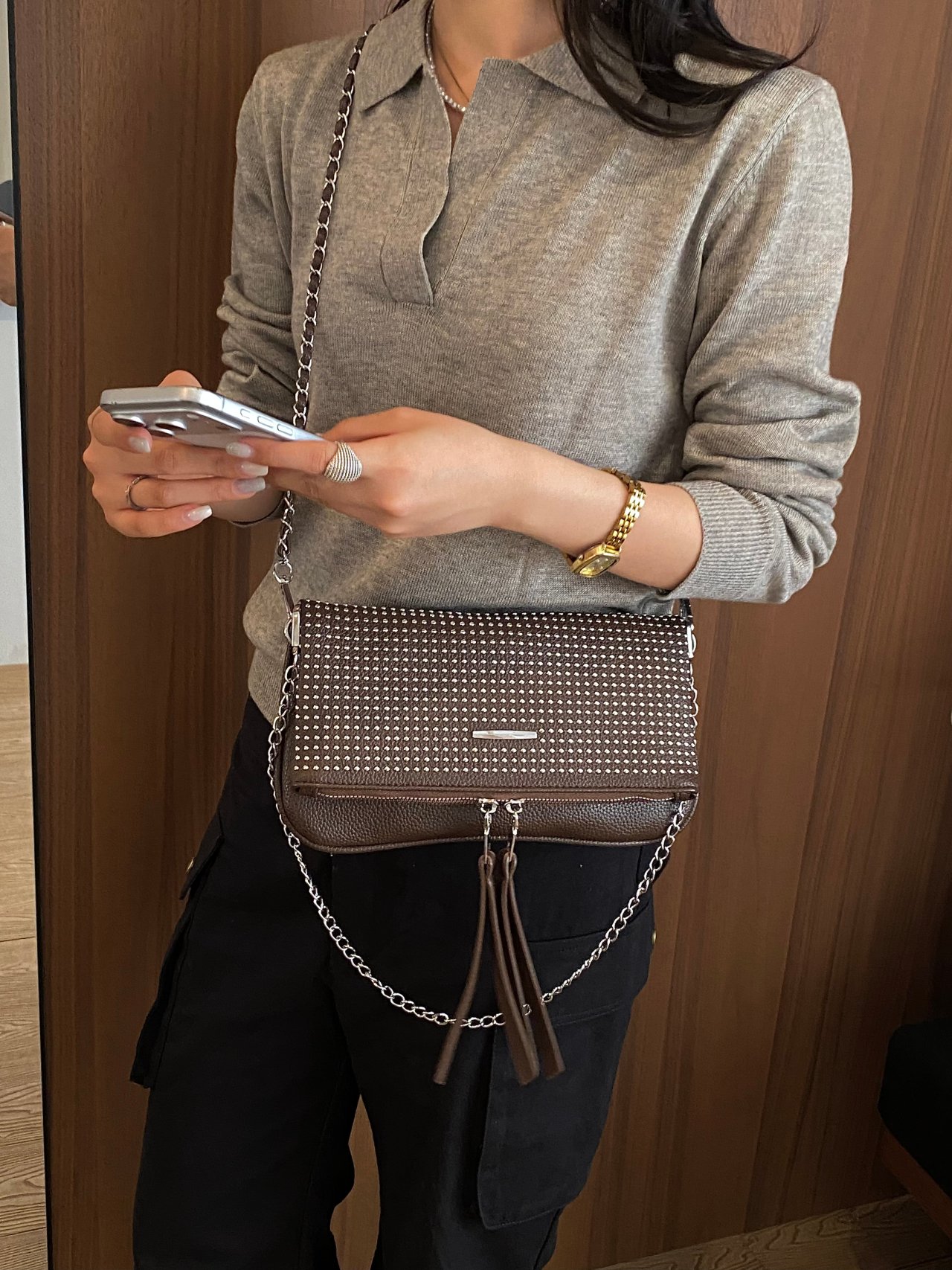 Brown Studded Crossbody Bag