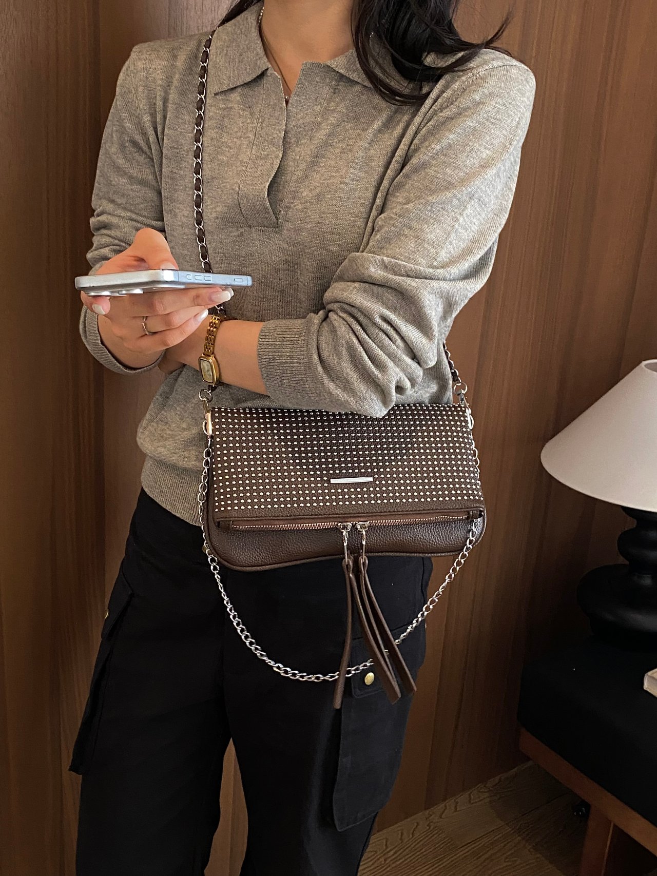 Brown Studded Crossbody Bag