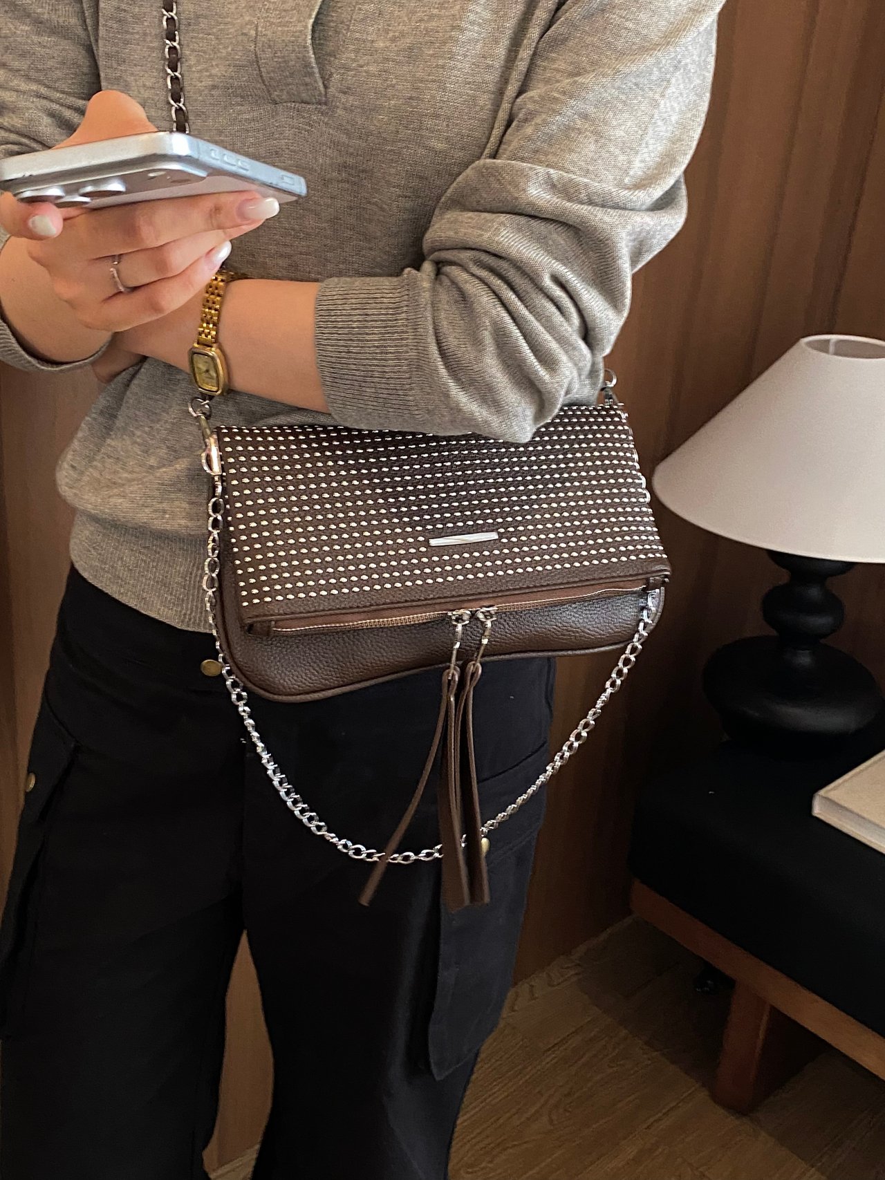 Brown Studded Crossbody Bag
