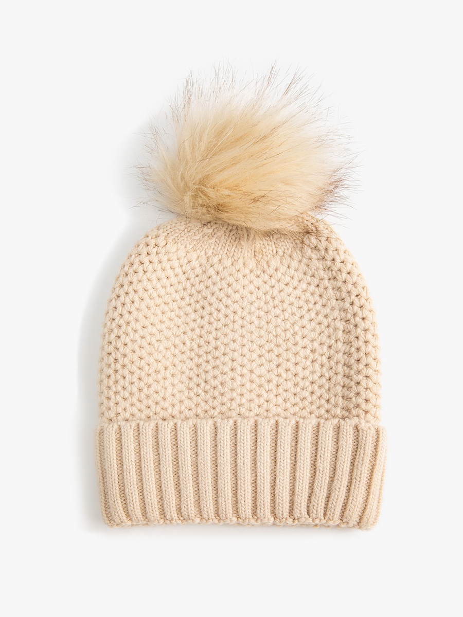 Rib-Knit Folded Beanie with Faux Fur Pompom