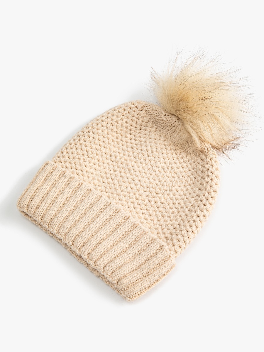 Rib-Knit Folded Beanie with Faux Fur Pompom