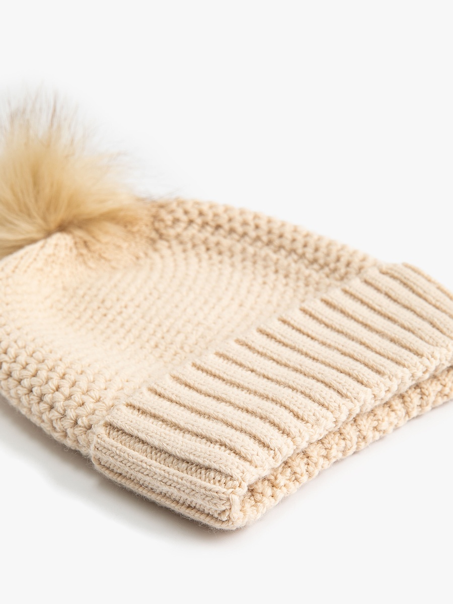 Rib-Knit Folded Beanie with Faux Fur Pompom