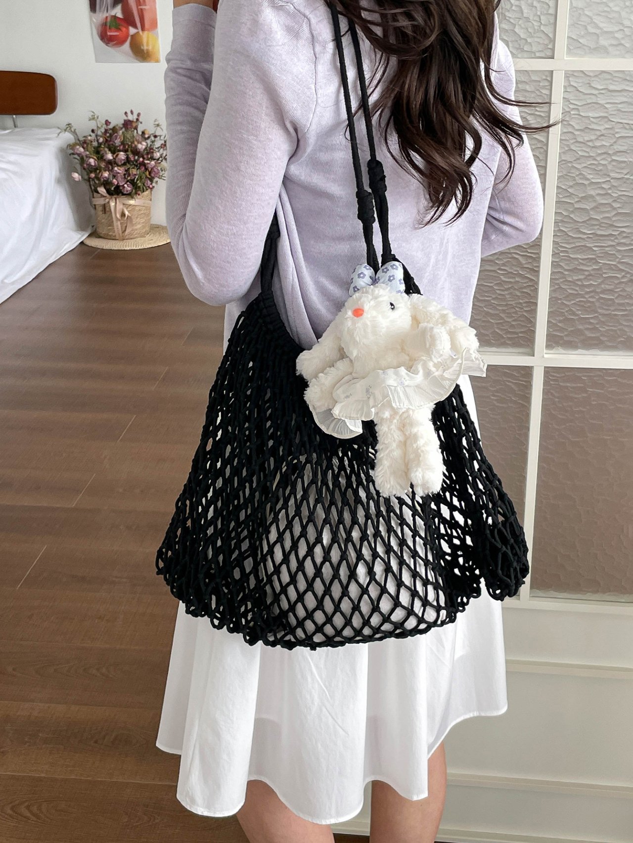 Black Mesh Crossbody Bag with Inner Pouch