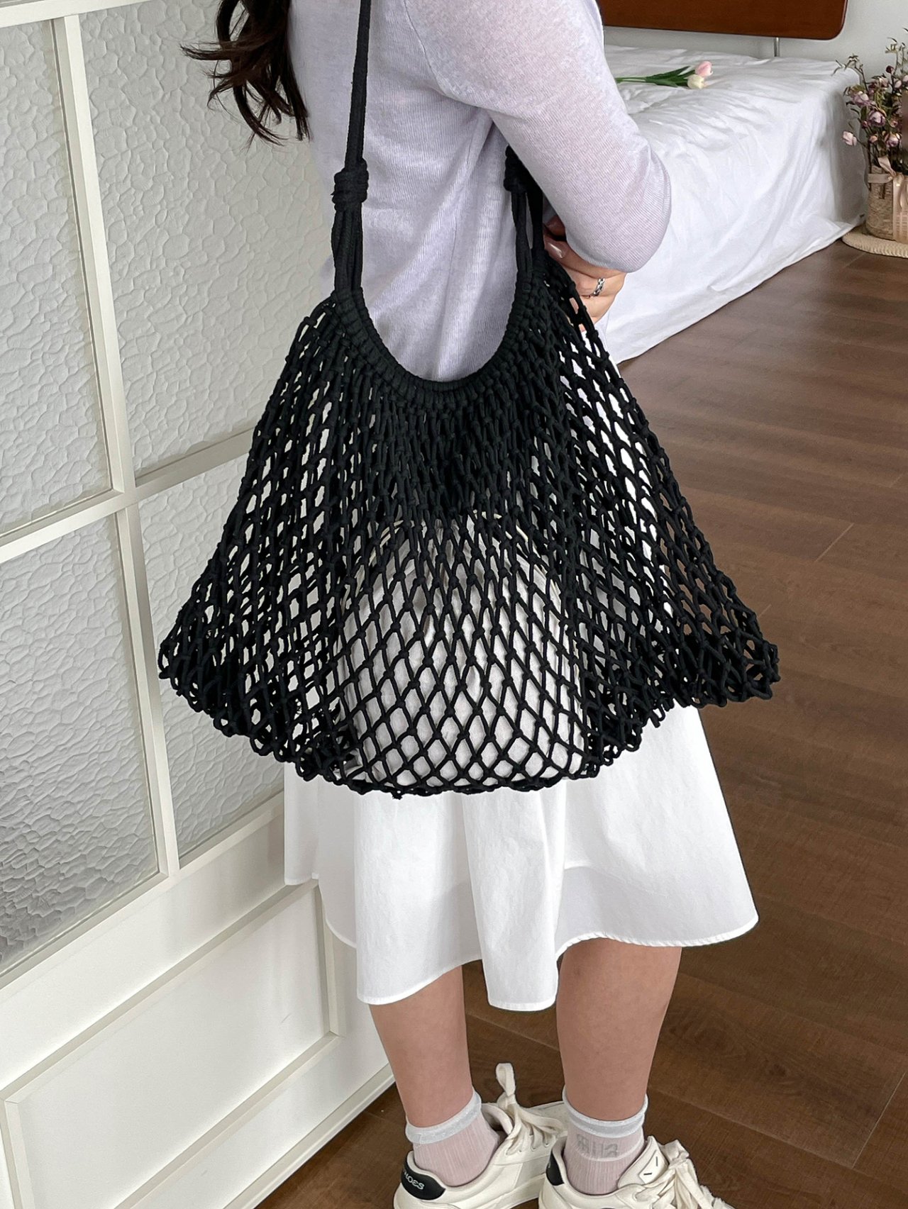 Black Mesh Crossbody Bag with Inner Pouch