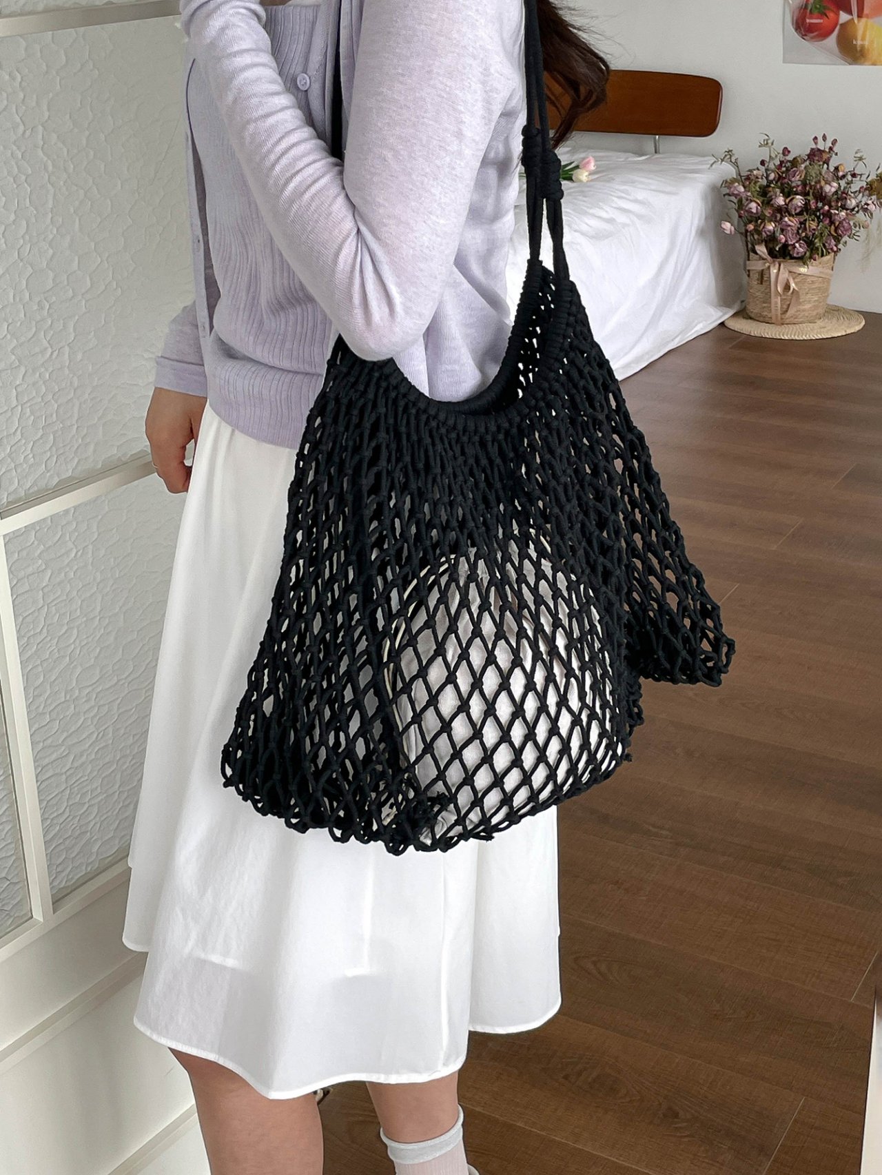 Black Mesh Crossbody Bag with Inner Pouch