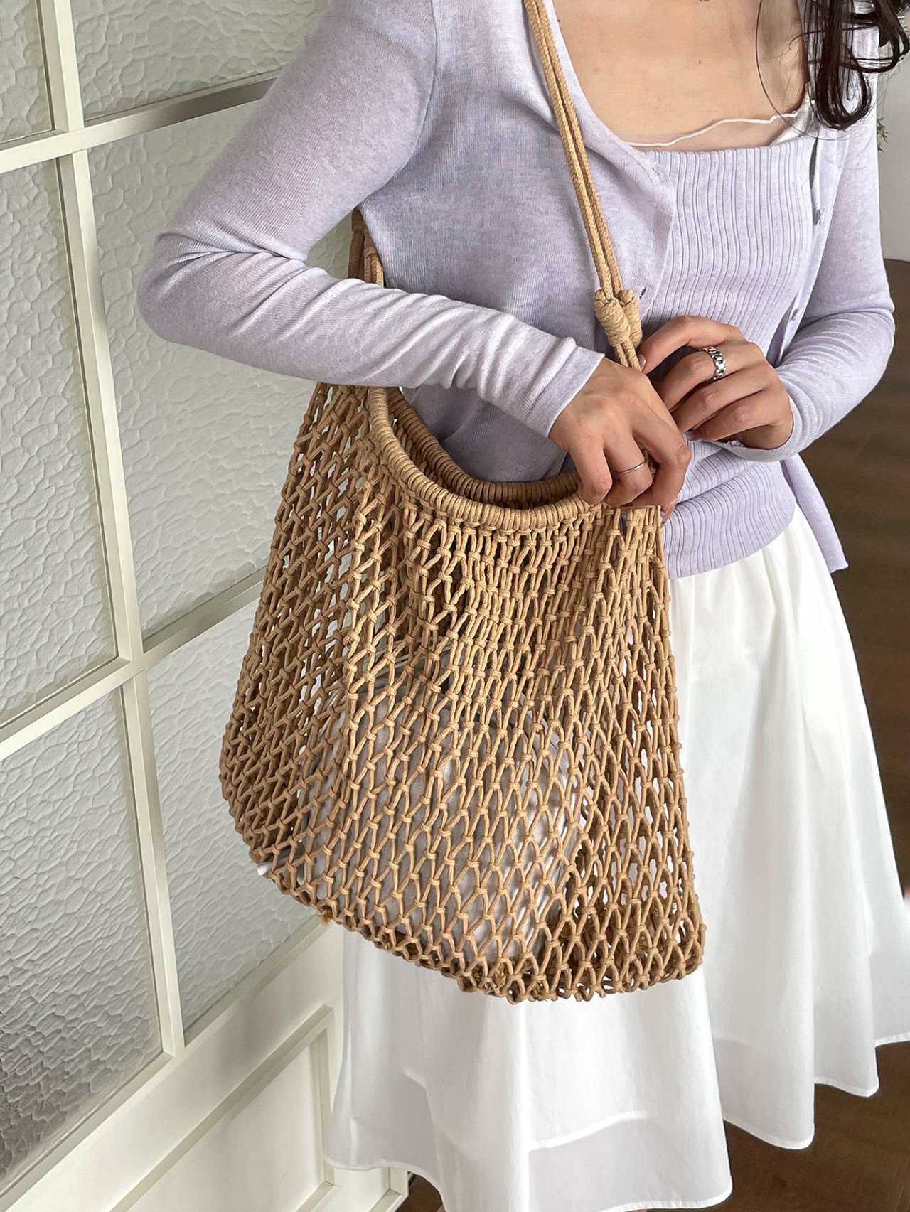 Tan Macrame Knit Tote Bag