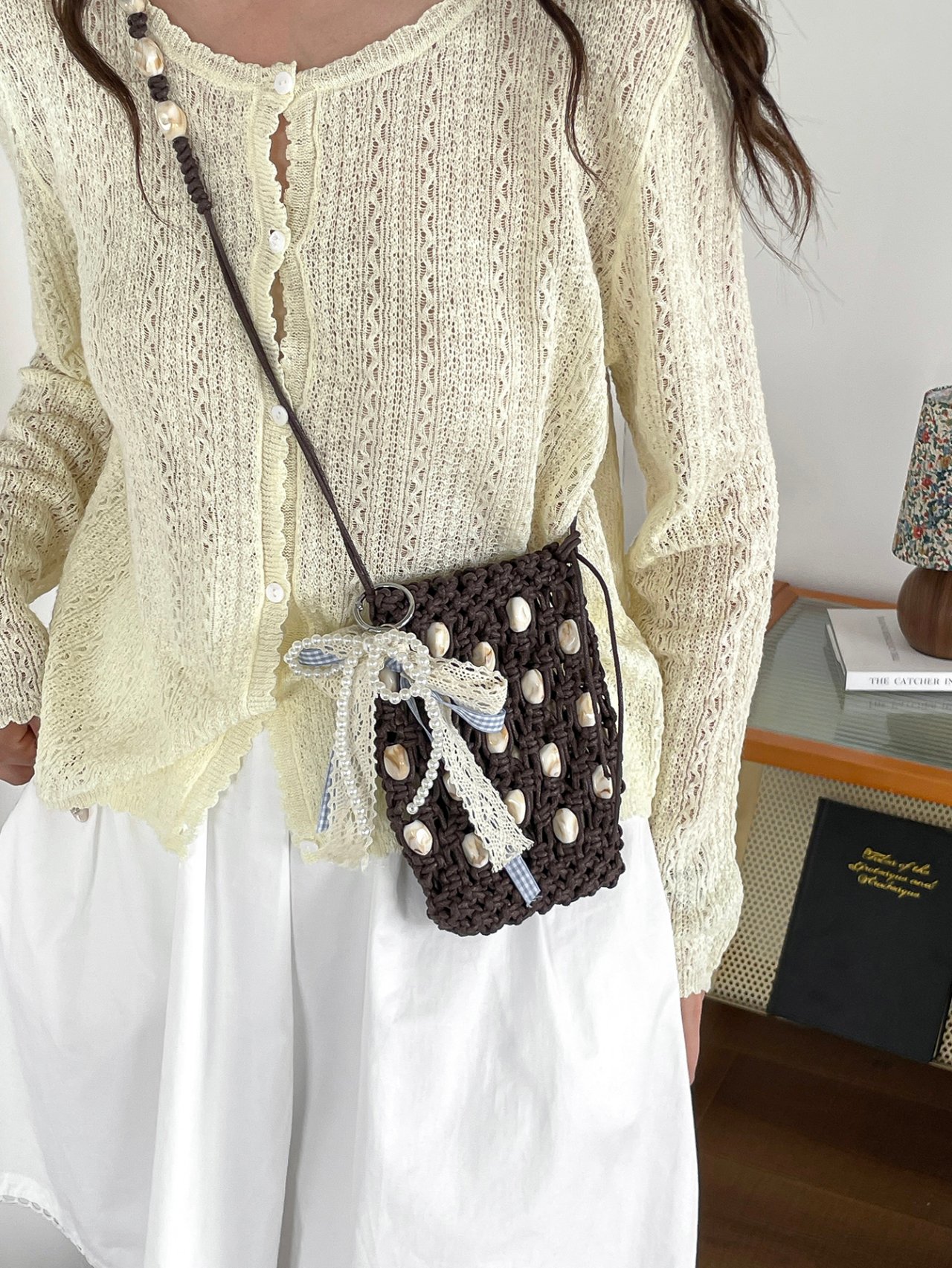 Coffee Brown Macrame Crossbody Bag with Shell Accents