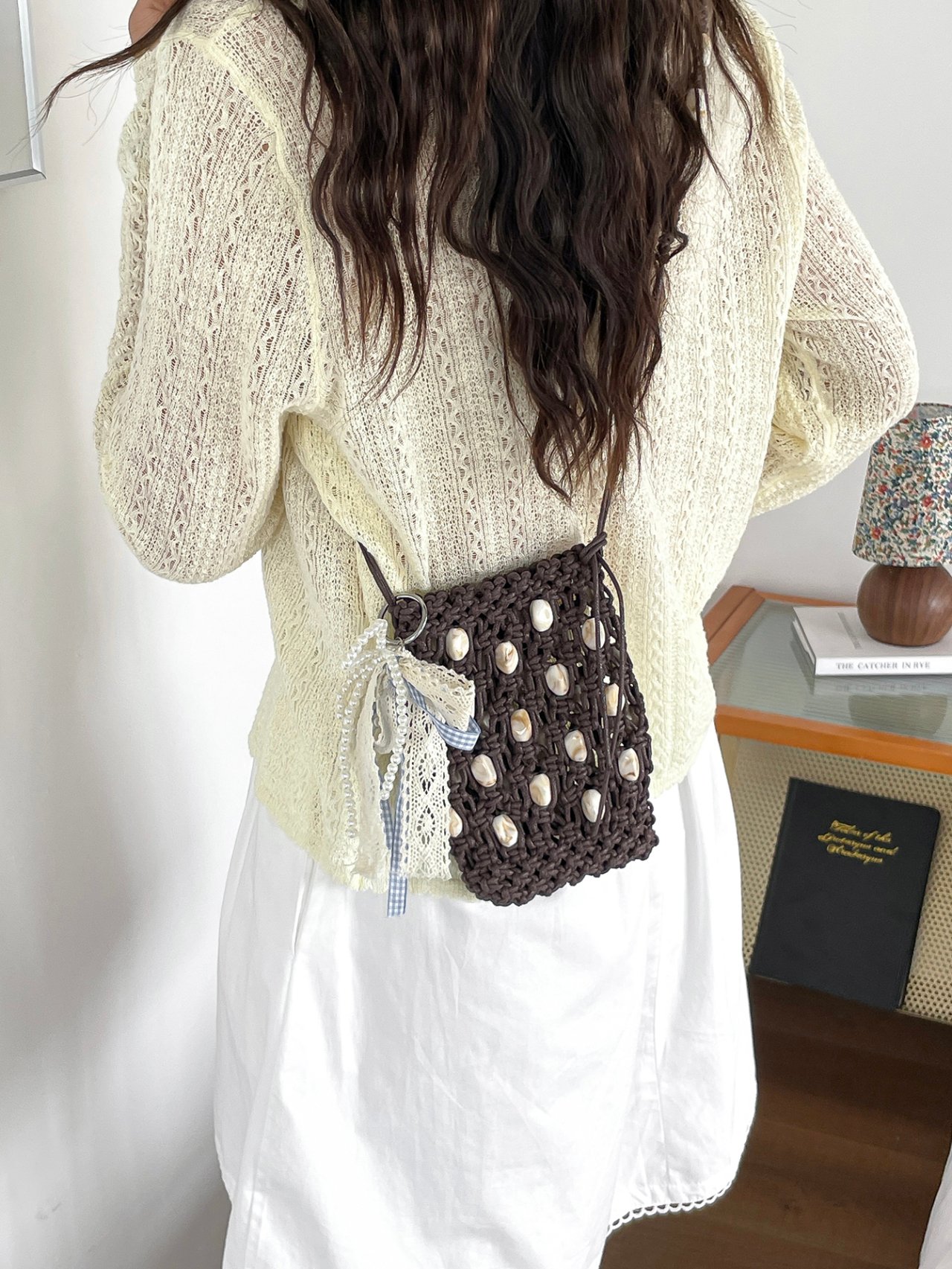 Coffee Brown Macrame Crossbody Bag with Shell Accents