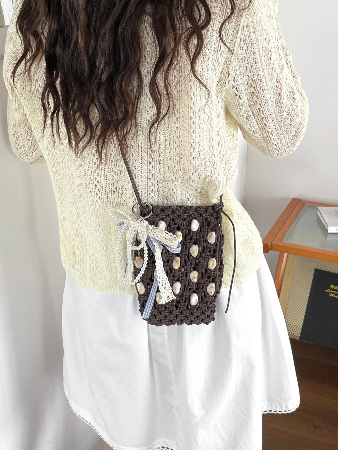 Coffee Brown Macrame Crossbody Bag with Shell Accents