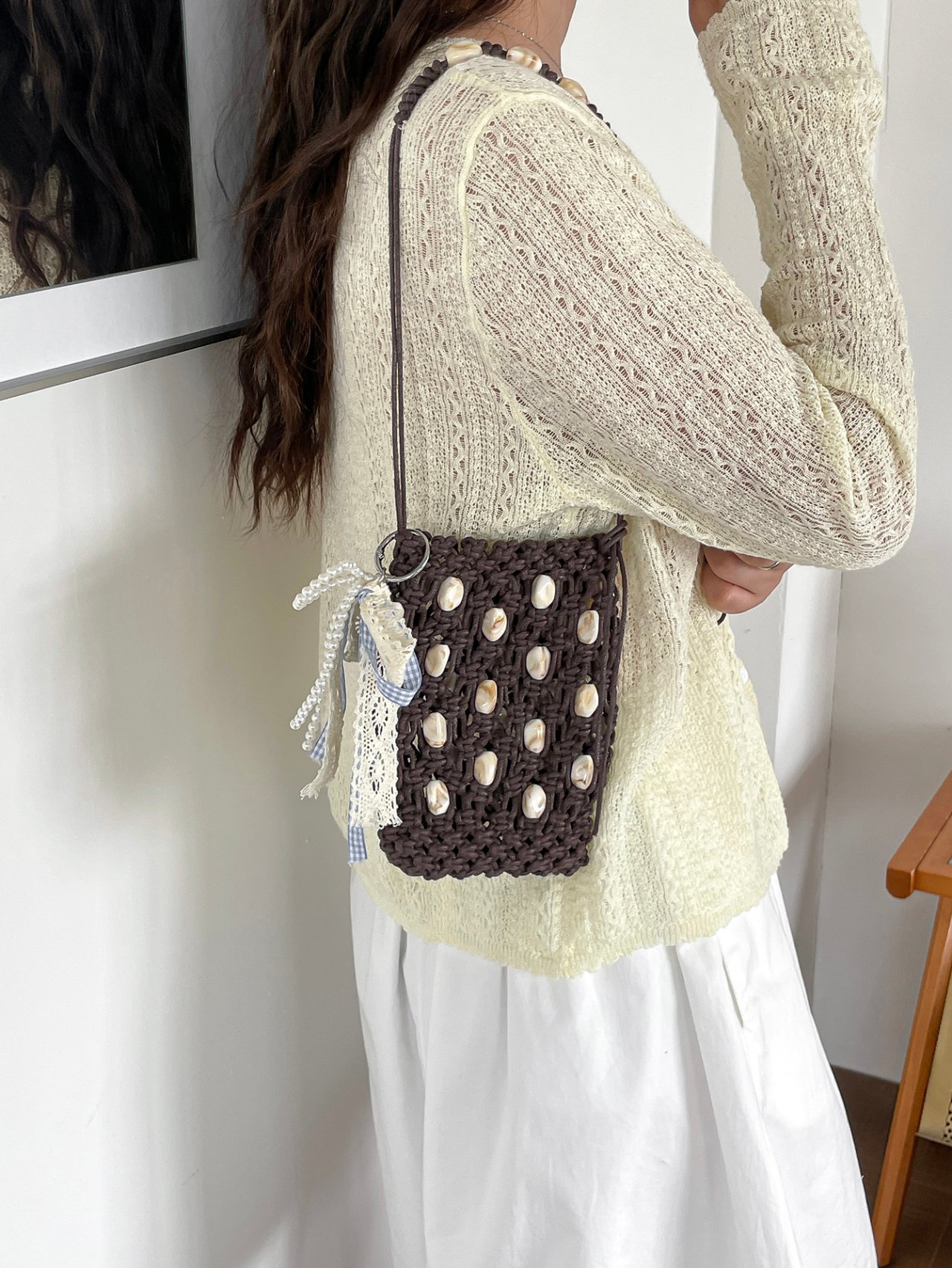 Coffee Brown Macrame Crossbody Bag with Shell Accents