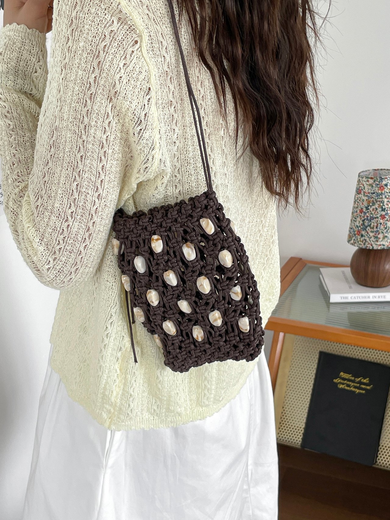 Coffee Brown Macrame Crossbody Bag with Shell Accents