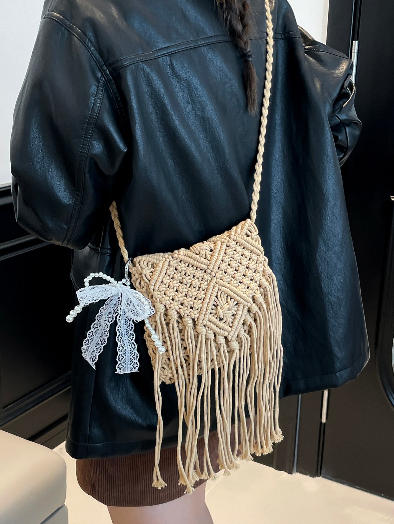 Boho Macrame Crossbody Bag with Pearl and Lace Charm