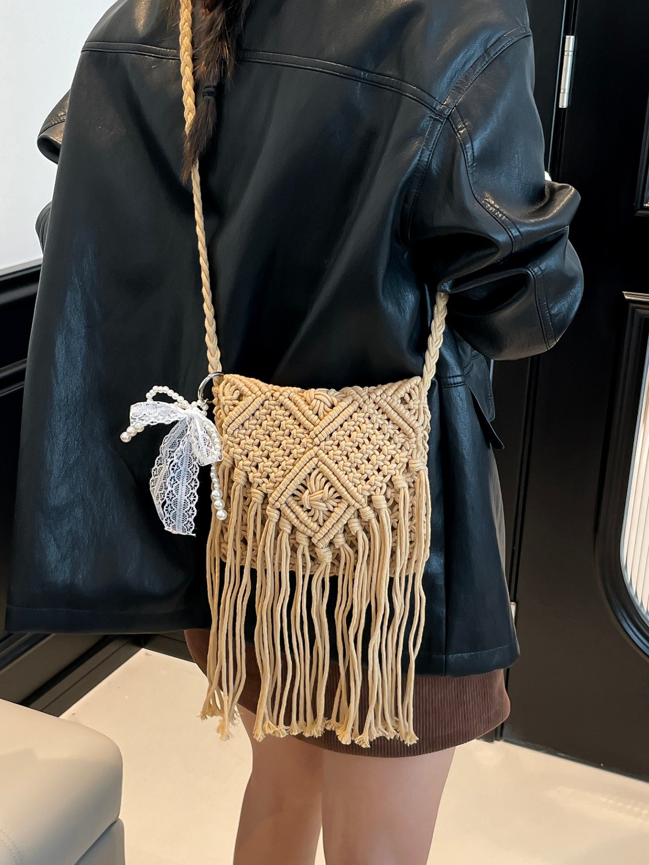 Boho Macrame Crossbody Bag with Pearl and Lace Charm