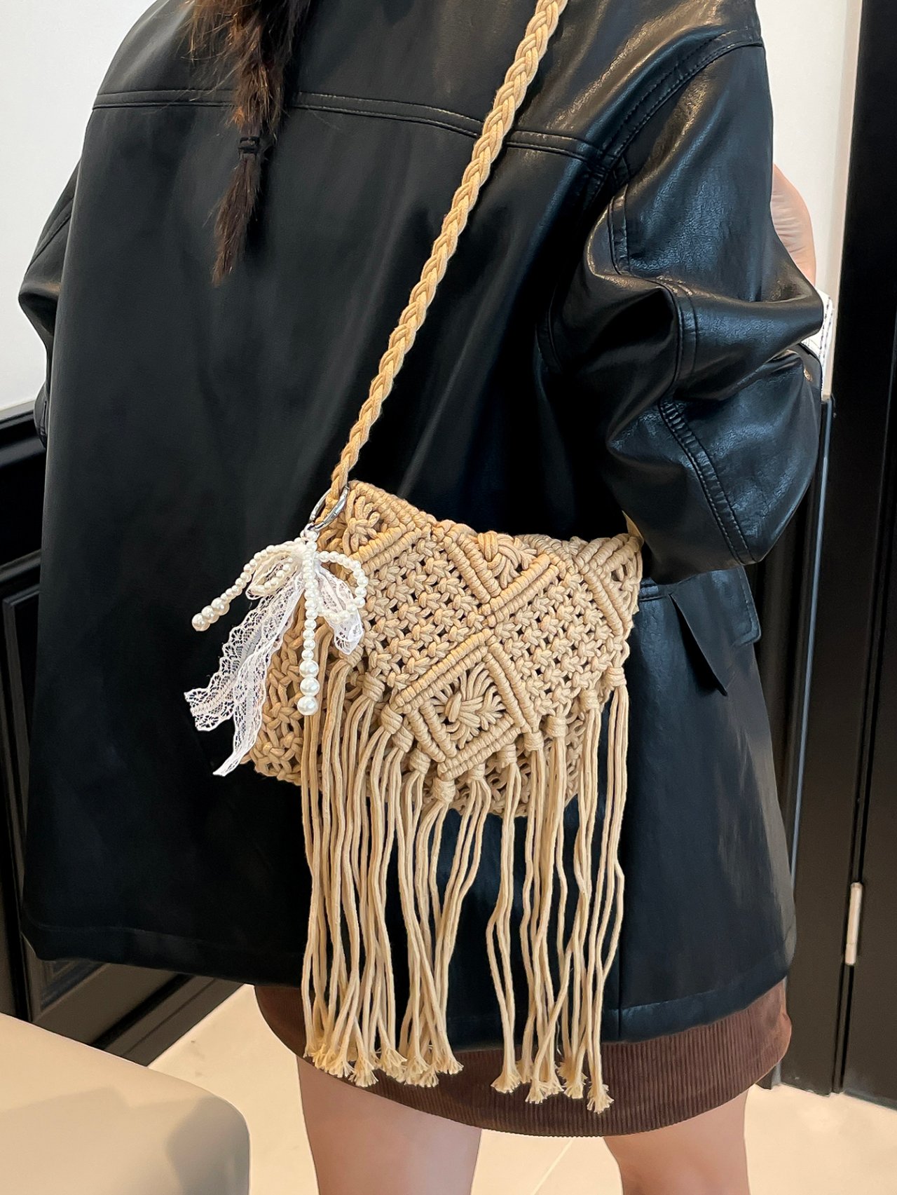 Boho Macrame Crossbody Bag with Pearl and Lace Charm
