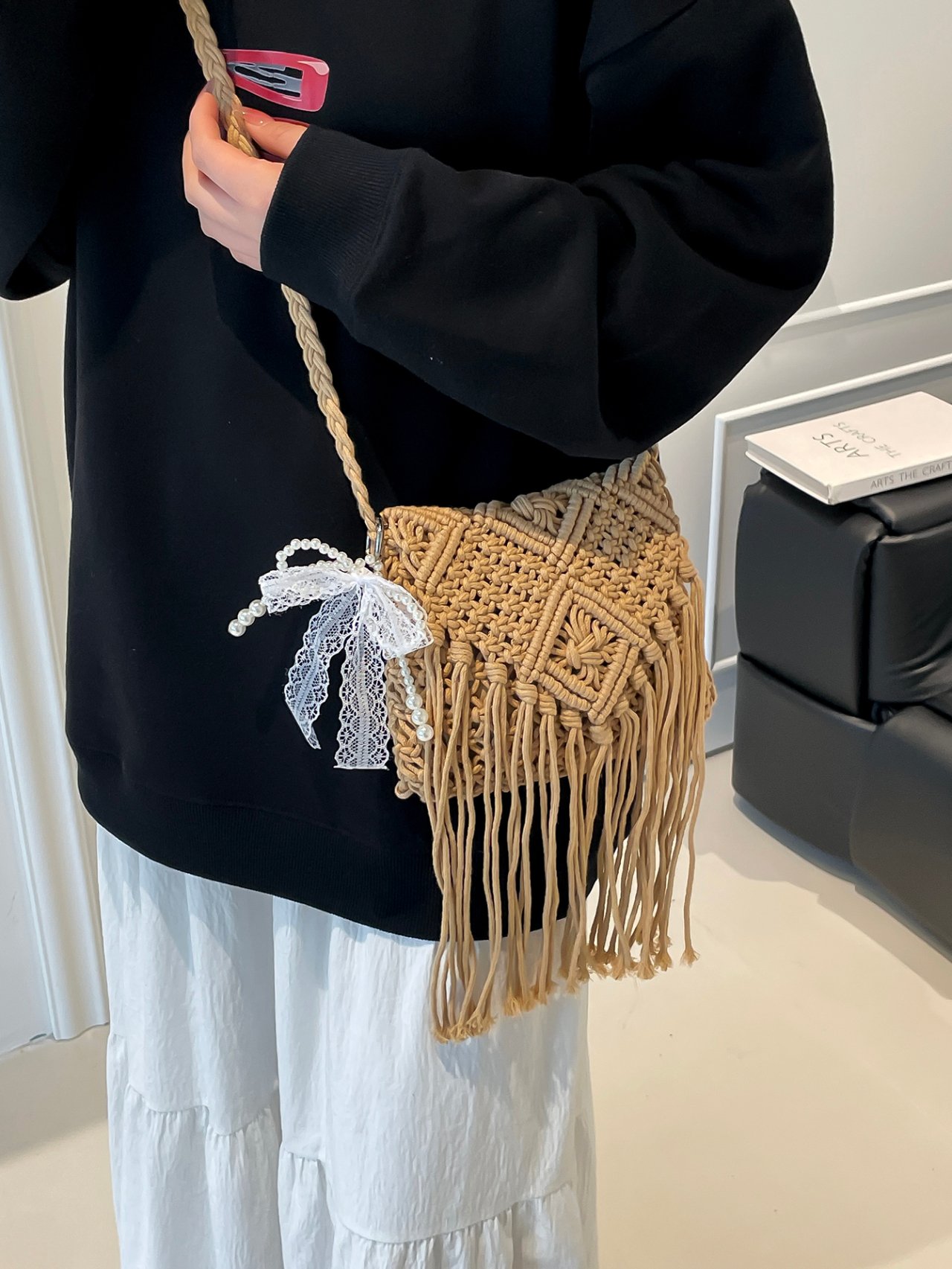Boho Macrame Crossbody Bag with Pearl and Lace Charm