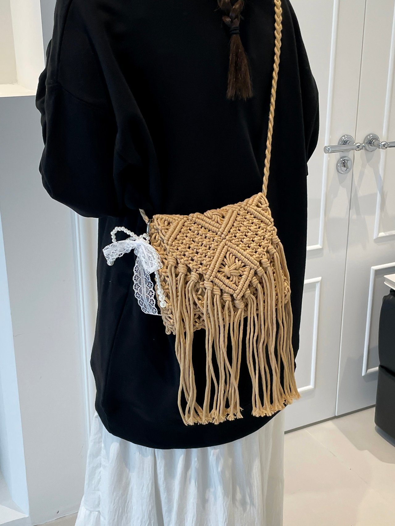 Boho Macrame Crossbody Bag with Pearl and Lace Charm