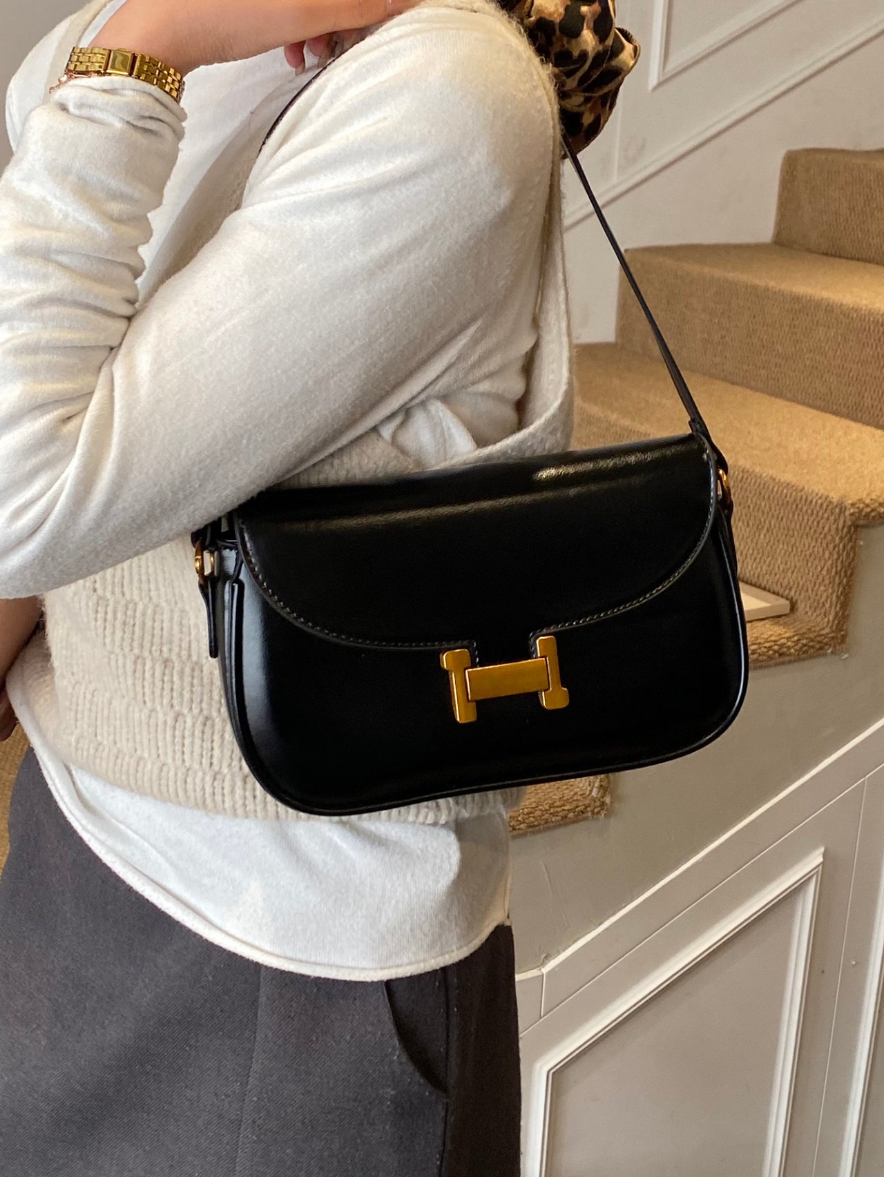 Black Shoulder Bag with Gold Clasp