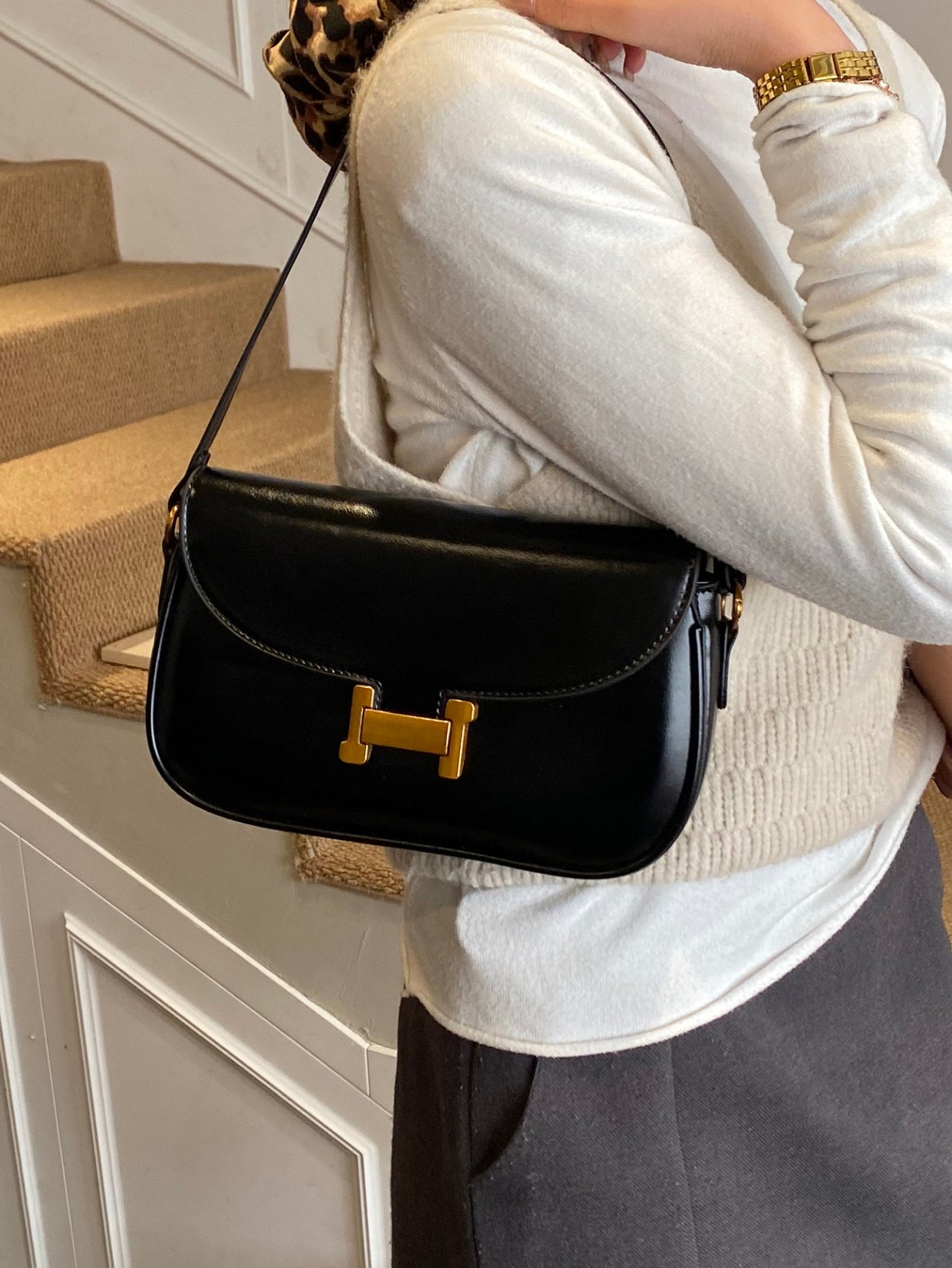 Black Shoulder Bag with Gold Clasp