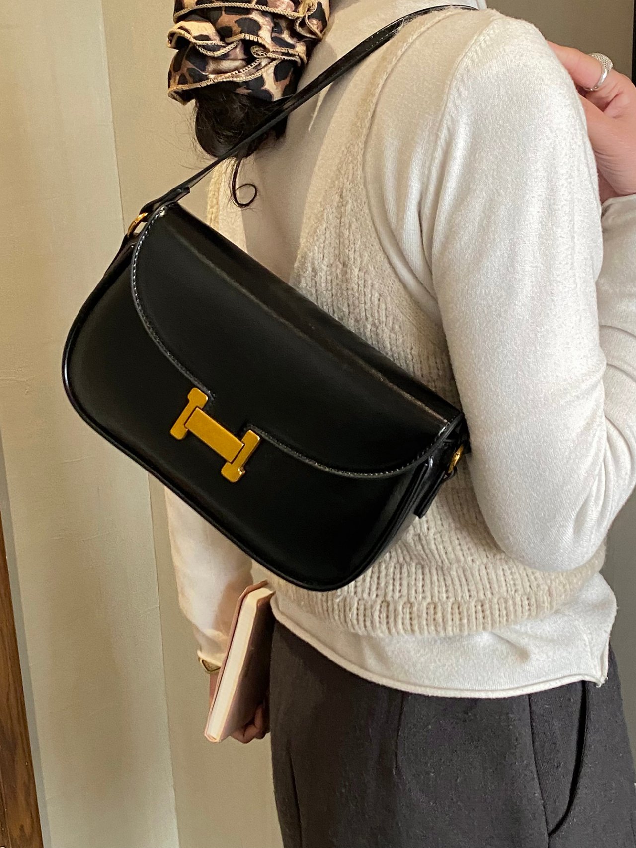 Black Shoulder Bag with Gold Clasp