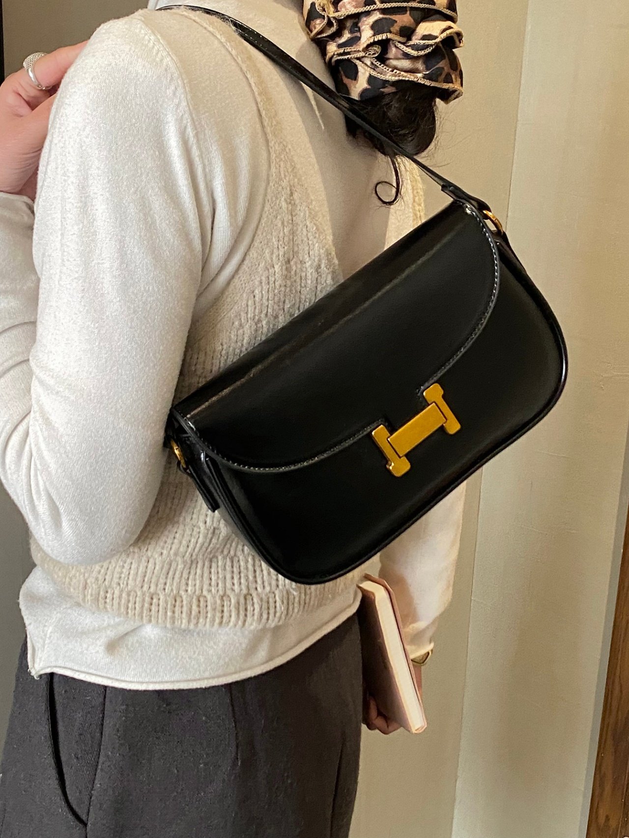 Black Shoulder Bag with Gold Clasp