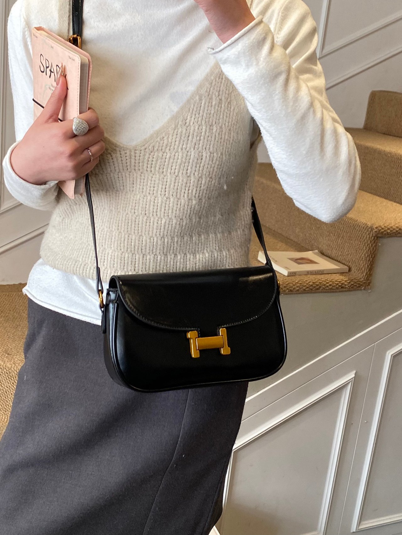 Black Shoulder Bag with Gold Clasp