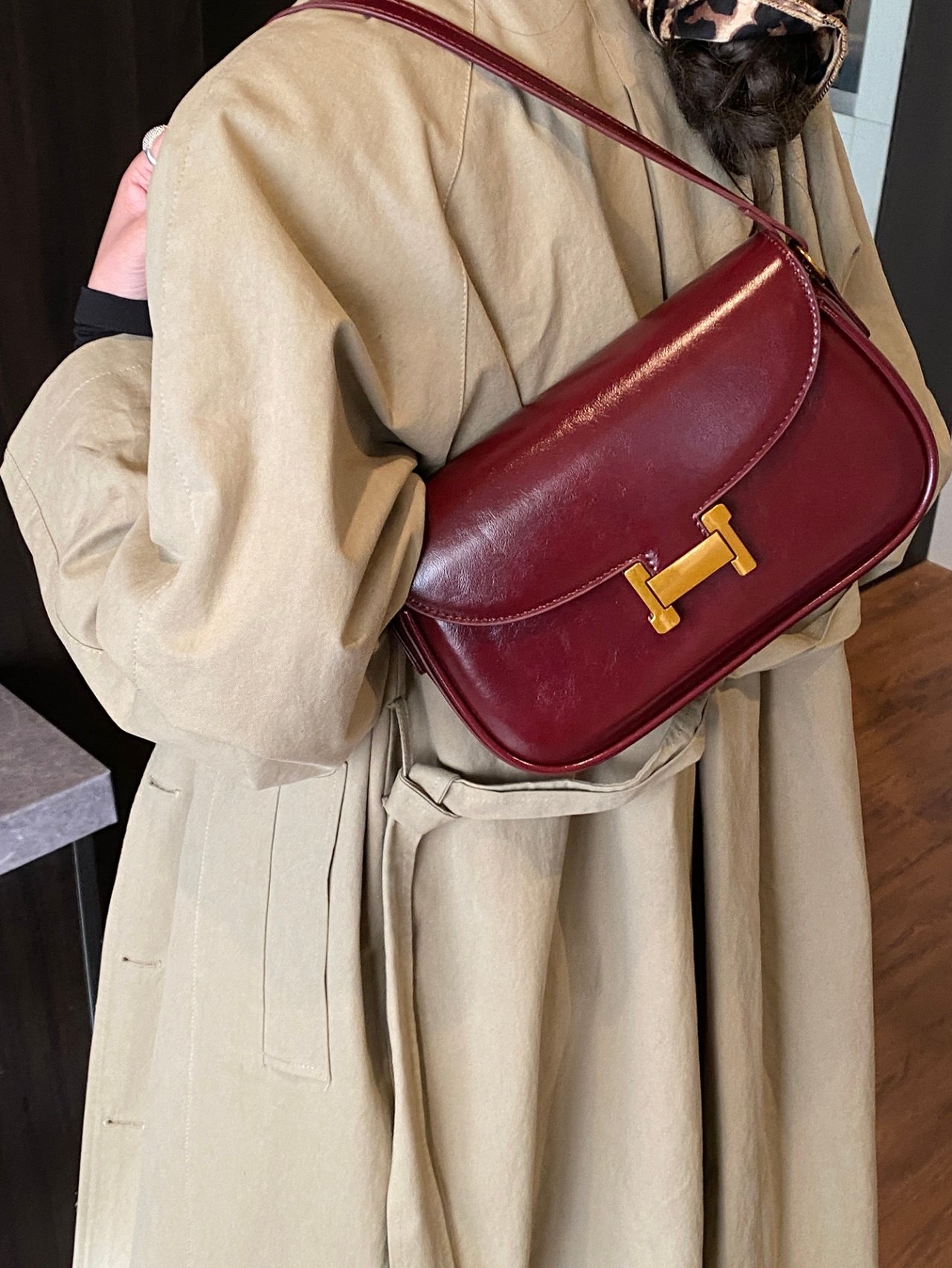 Burgundy Shoulder Bag with Gold-Tone Hardware